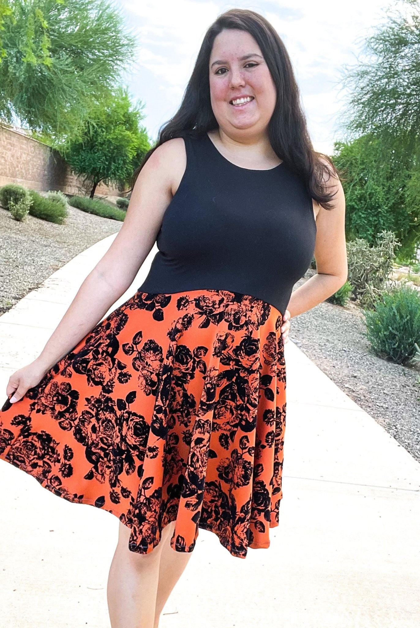 Magnolias on Copper Orange, Velvet Flocked Scuba Knit. SCU-116 - Boho Fabrics