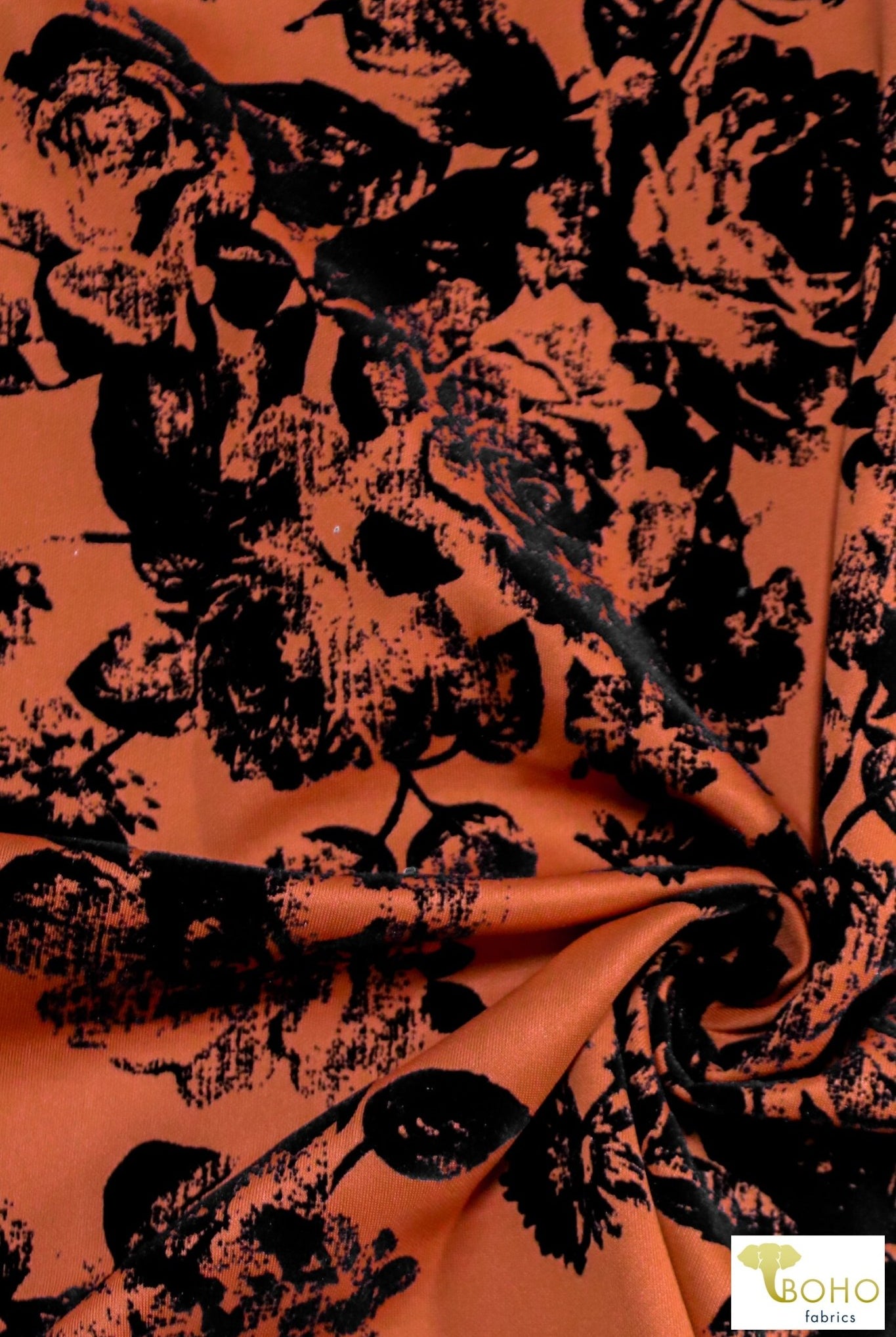 Magnolias on Copper Orange, Velvet Flocked Scuba Knit. SCU-116 - Boho Fabrics