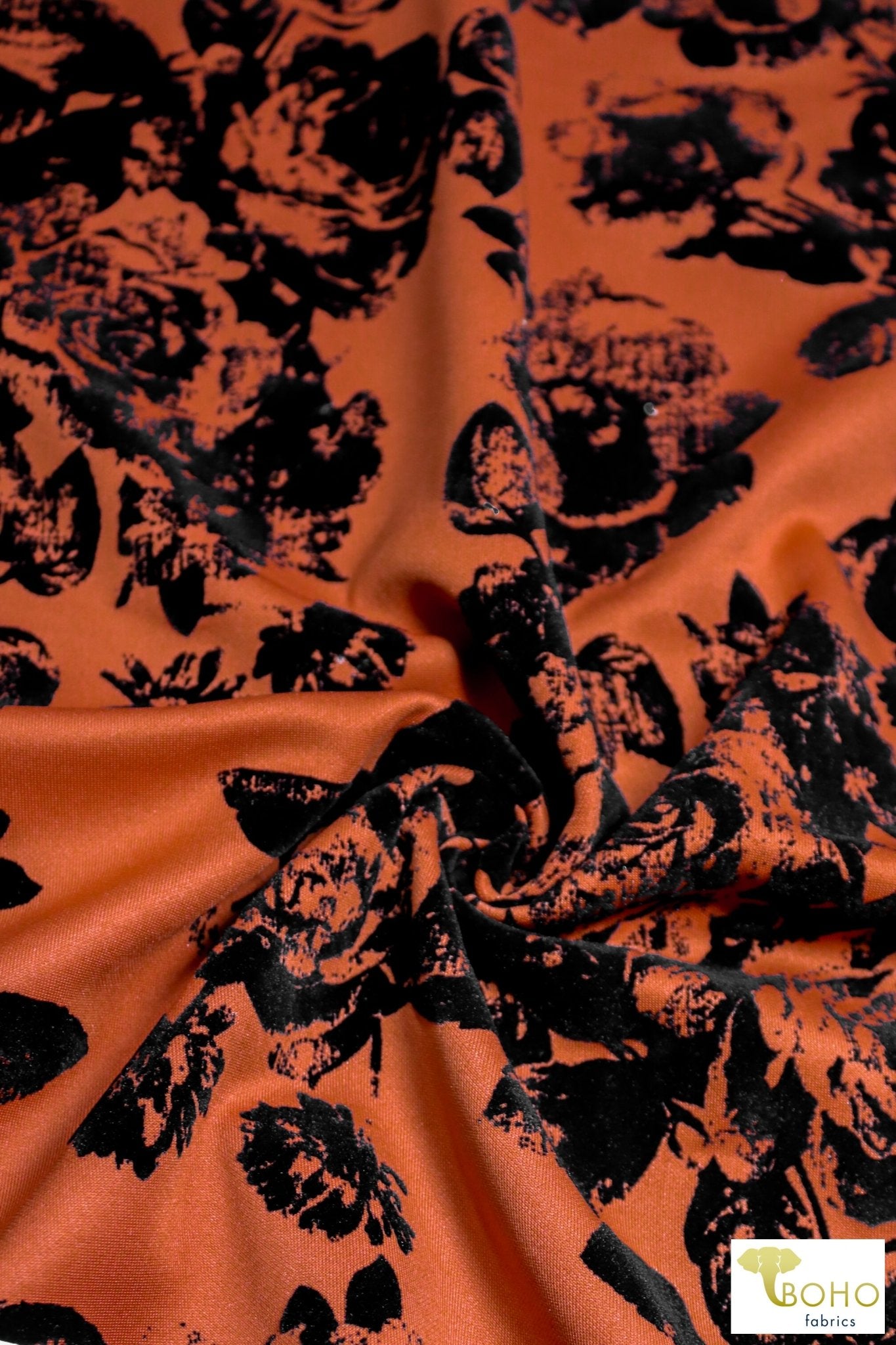 Magnolias on Copper Orange, Velvet Flocked Scuba Knit. SCU-116 - Boho Fabrics