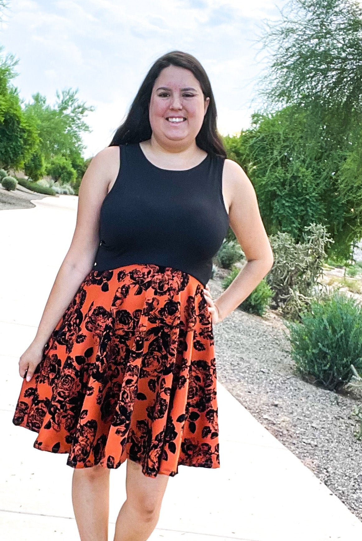 Magnolias on Copper Orange, Velvet Flocked Scuba Knit. SCU-116 - Boho Fabrics