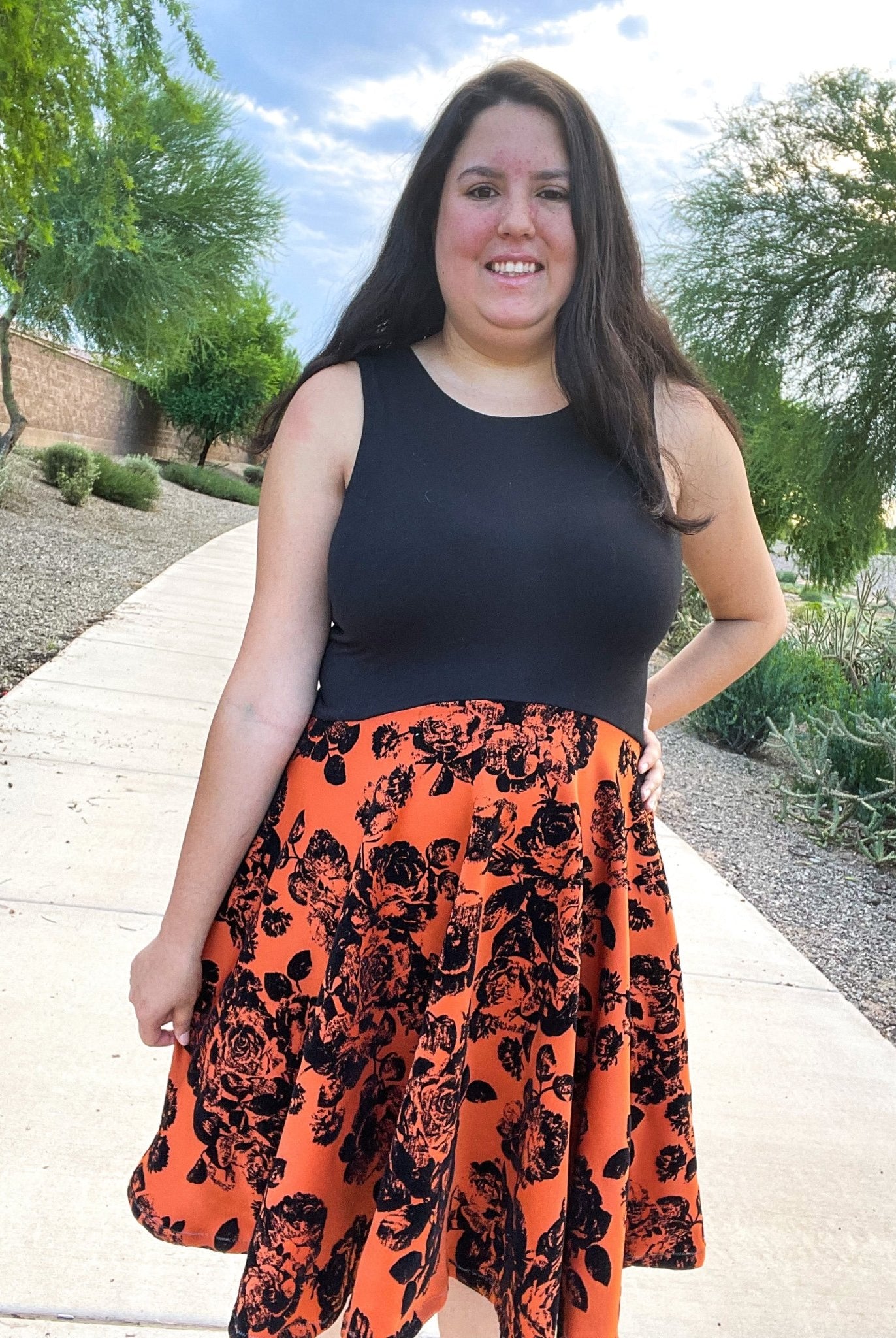 Magnolias on Copper Orange, Velvet Flocked Scuba Knit. SCU-116 - Boho Fabrics