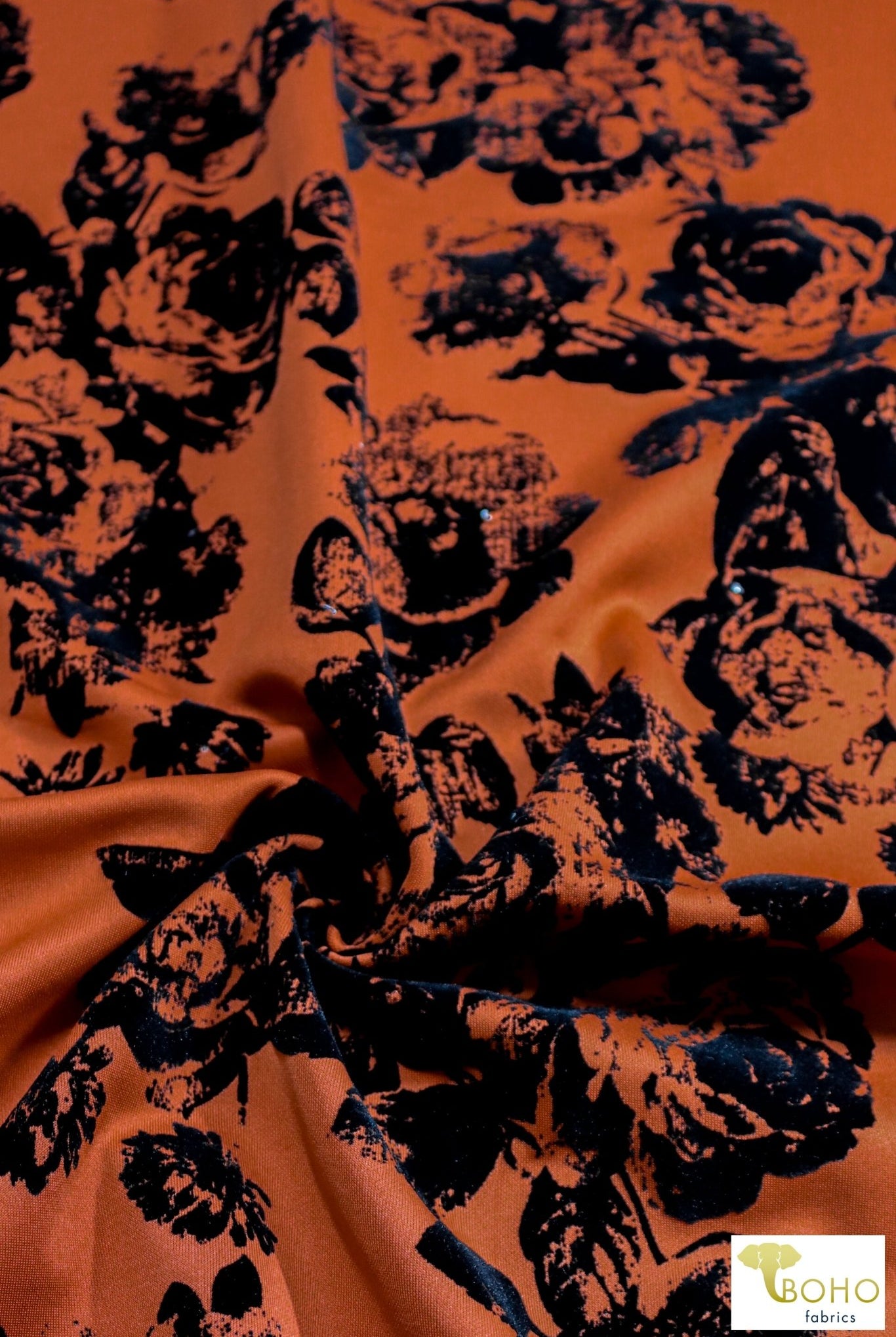 Magnolias on Copper Orange, Velvet Flocked Scuba Knit. SCU-116 - Boho Fabrics