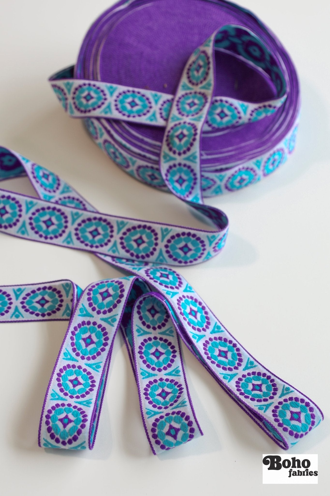 MCM Dots in Blue & Purple, 1 7/8" Vintage Jacquard Woven Trim, TRIM - 027 - Boho Fabrics - Trims