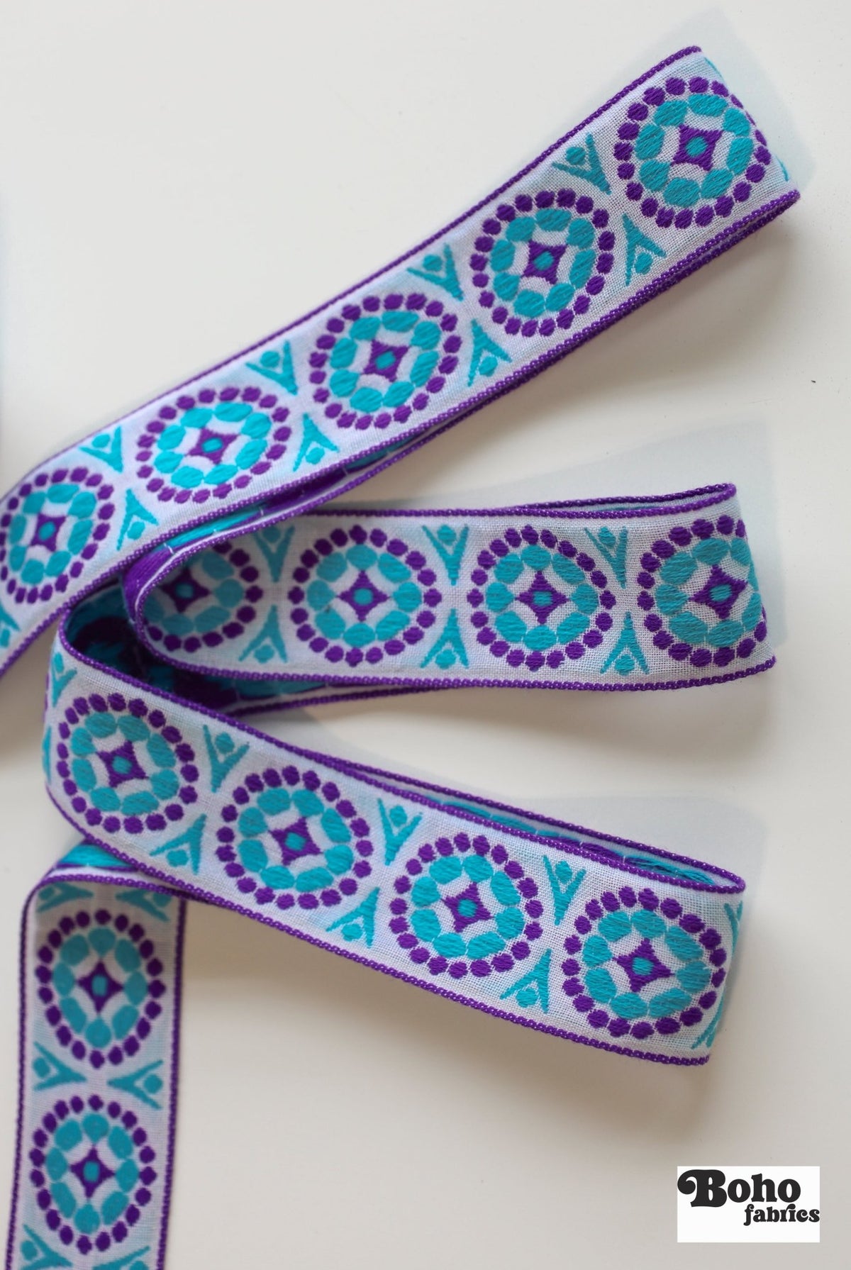 MCM Dots in Blue & Purple, 1 7/8" Vintage Jacquard Woven Trim, TRIM - 027 - Boho Fabrics - Trims