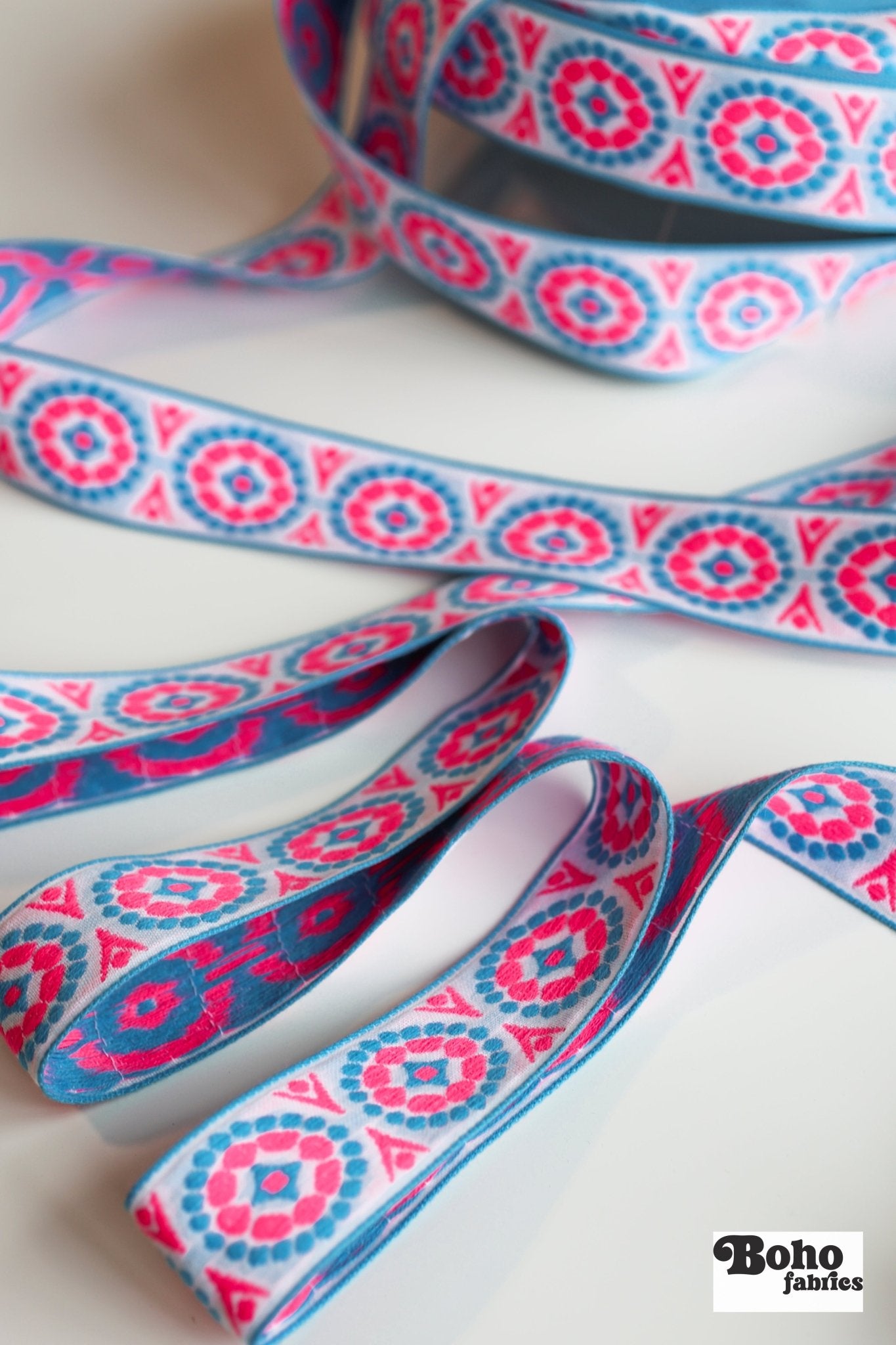 MCM Dots in Pink & Blue. 1.5" Jacquard Woven Trim. TRIM - 026 - Boho Fabrics - Trims