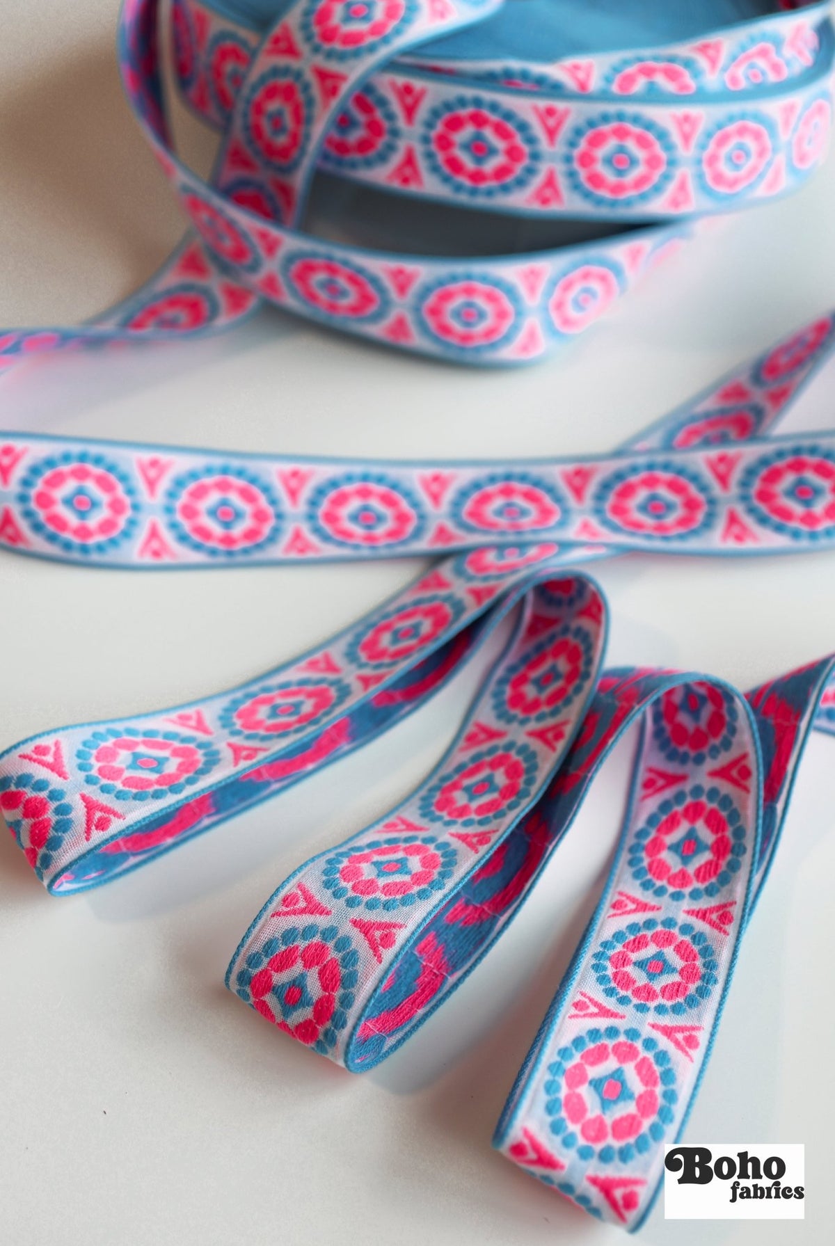 MCM Dots in Pink & Blue. 1.5" Jacquard Woven Trim. TRIM - 026 - Boho Fabrics - Trims