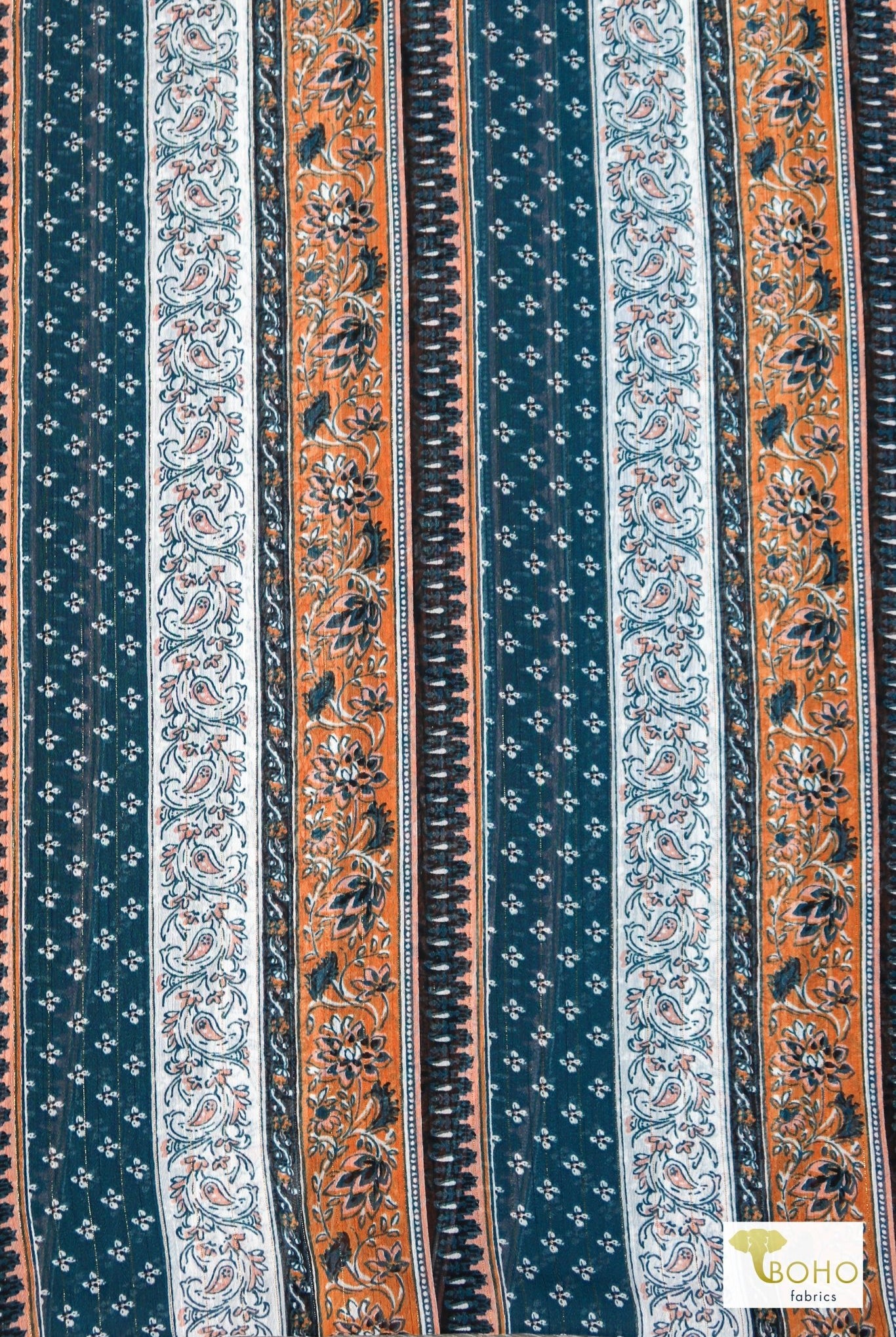 Metallic Teal Paisley, Silky Pebble Chiffon Woven Print Fabric - Boho Fabrics