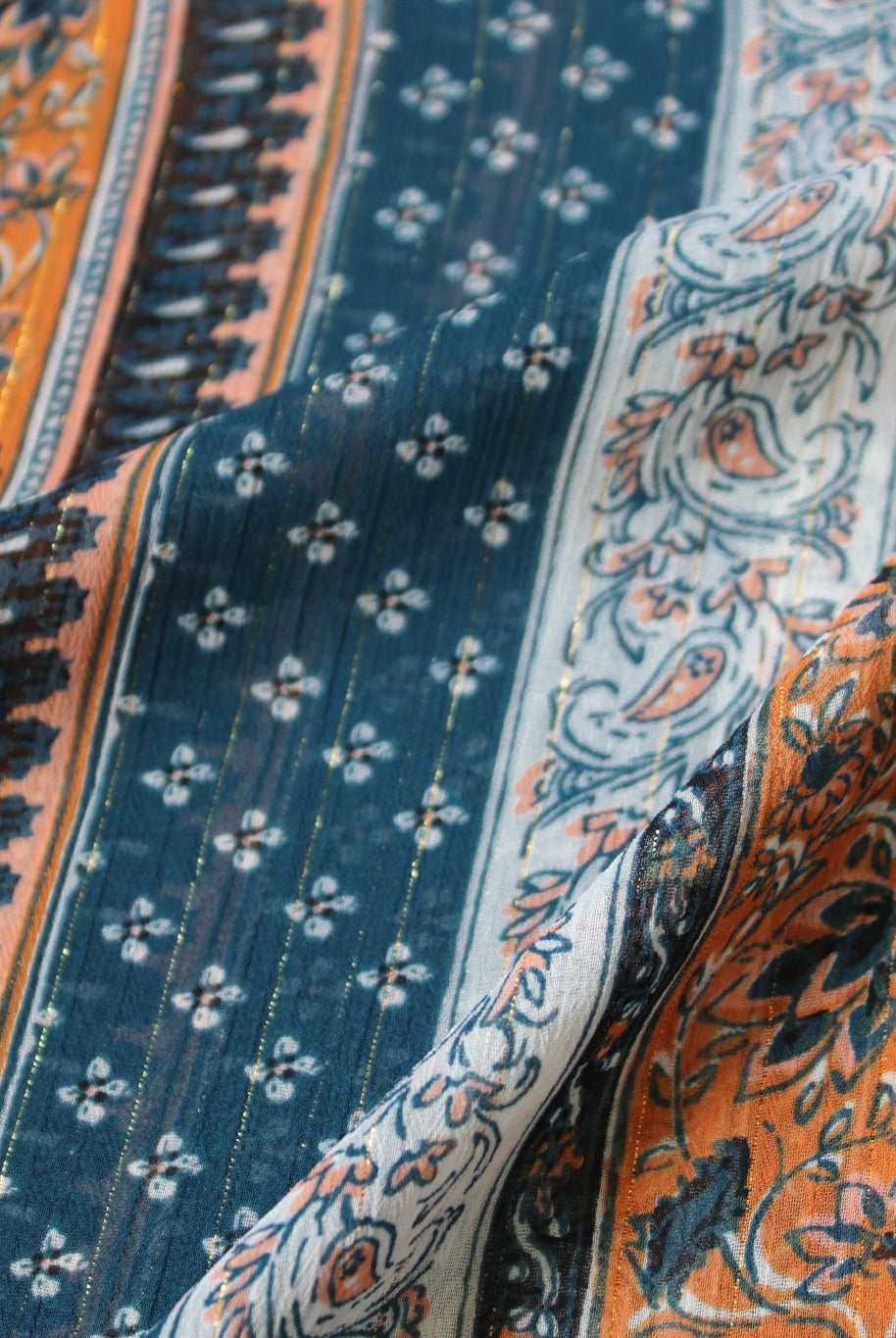 Metallic Teal Paisley, Silky Pebble Chiffon Woven Print Fabric - Boho Fabrics