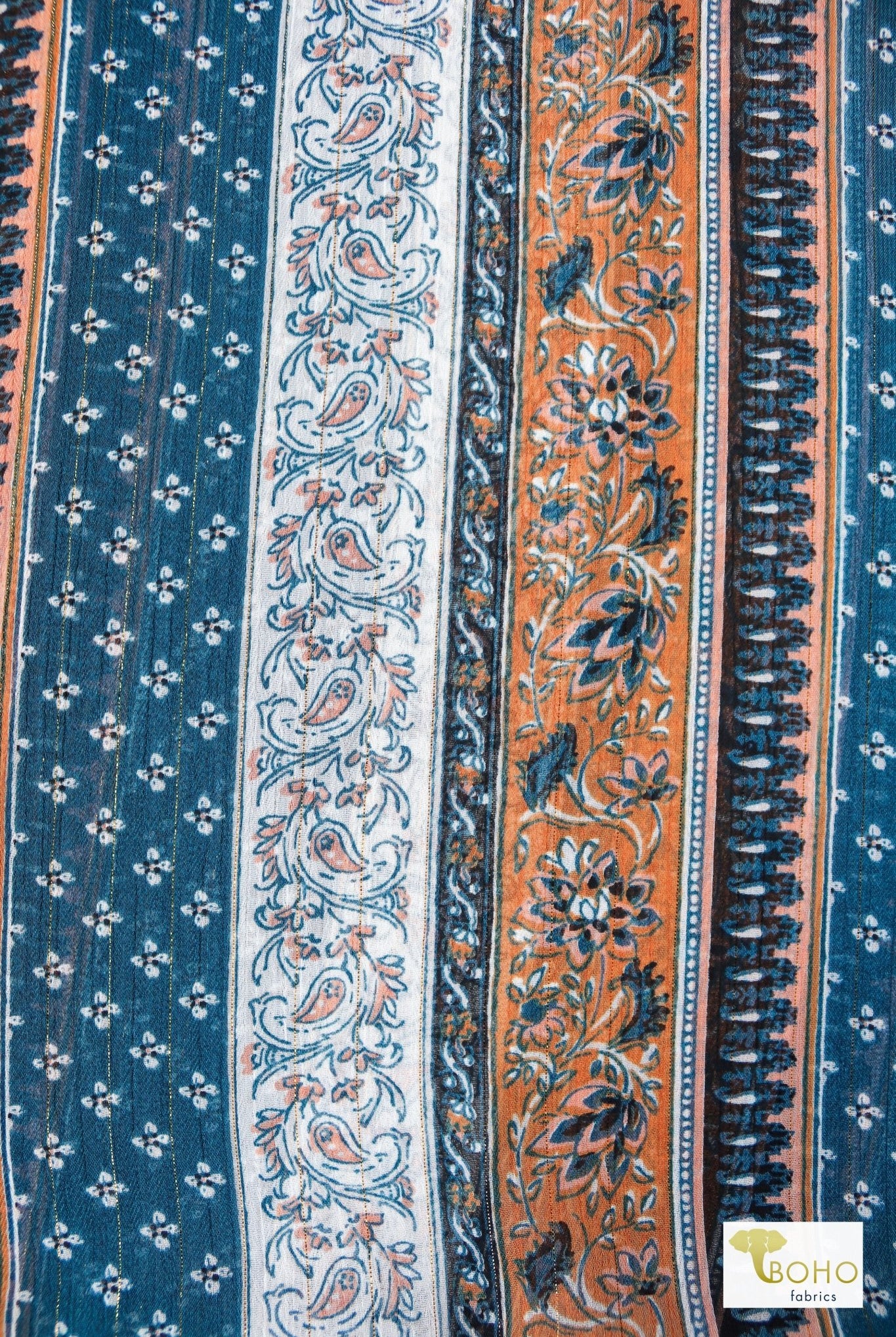 Metallic Teal Paisley, Silky Pebble Chiffon Woven Print Fabric - Boho Fabrics