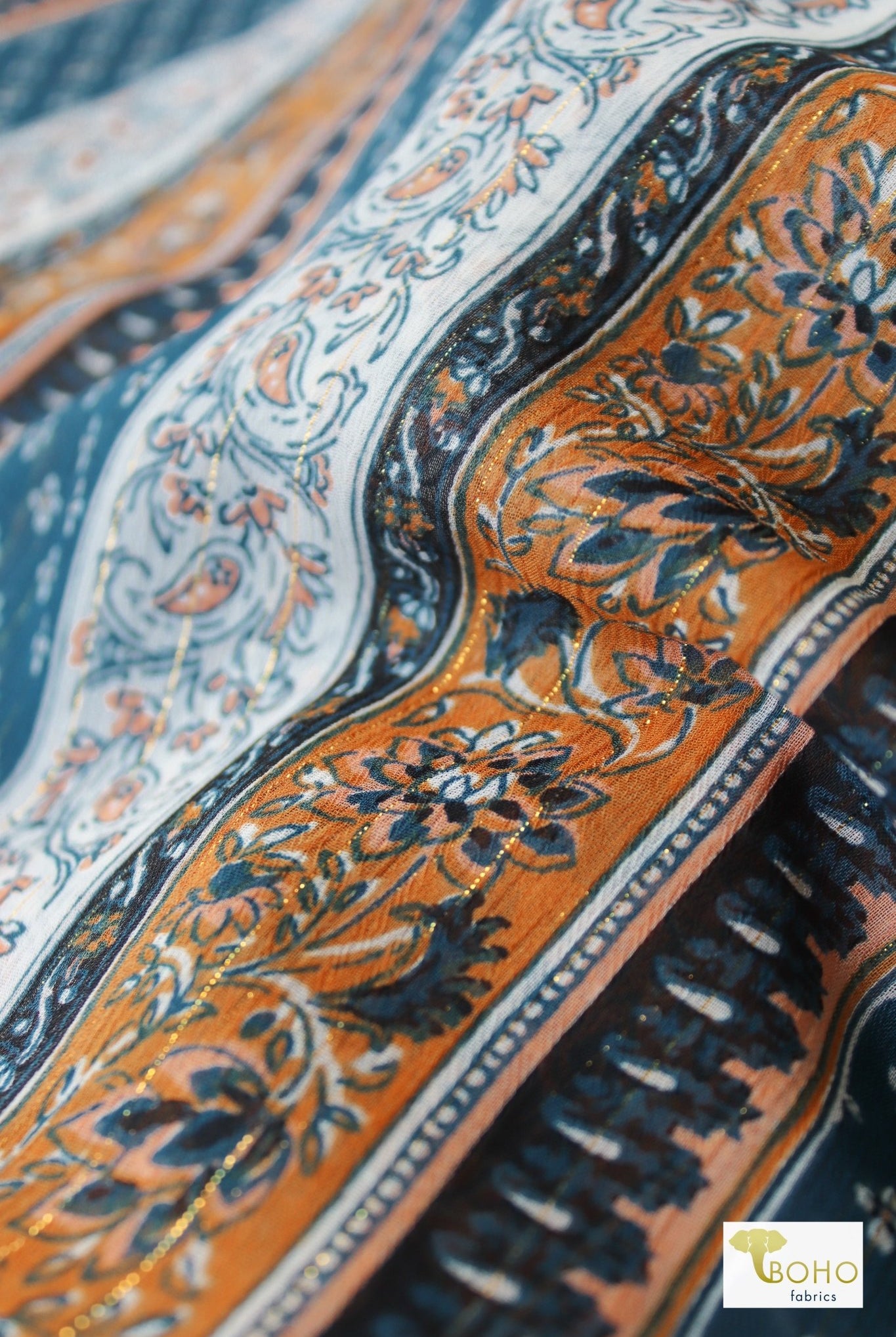 Metallic Teal Paisley, Silky Pebble Chiffon Woven Print Fabric - Boho Fabrics