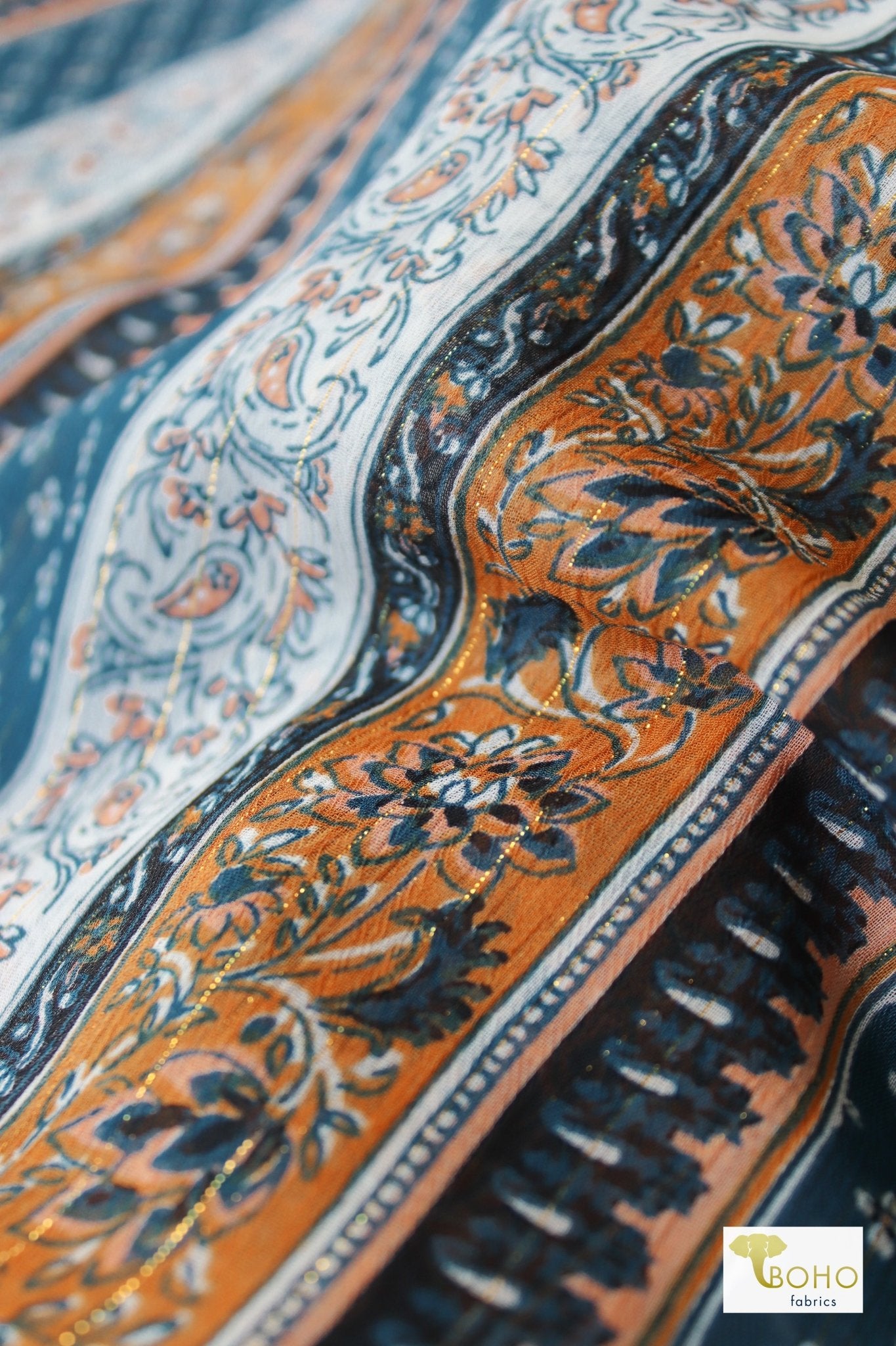 Metallic Teal Paisley, Silky Pebble Chiffon Woven Print Fabric - Boho Fabrics