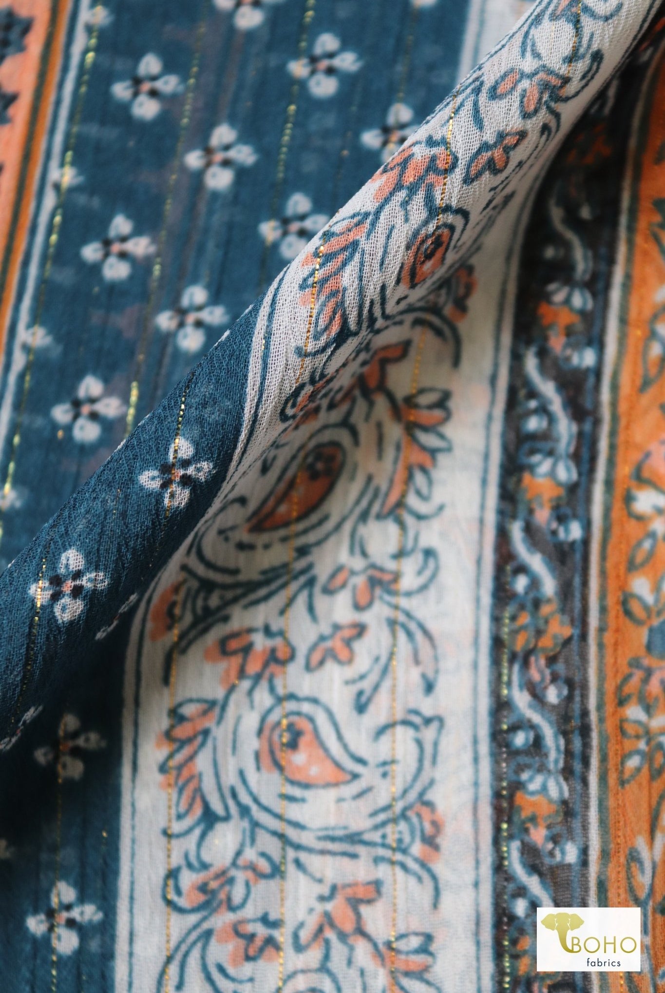 Metallic Teal Paisley, Silky Pebble Chiffon Woven Print Fabric - Boho Fabrics