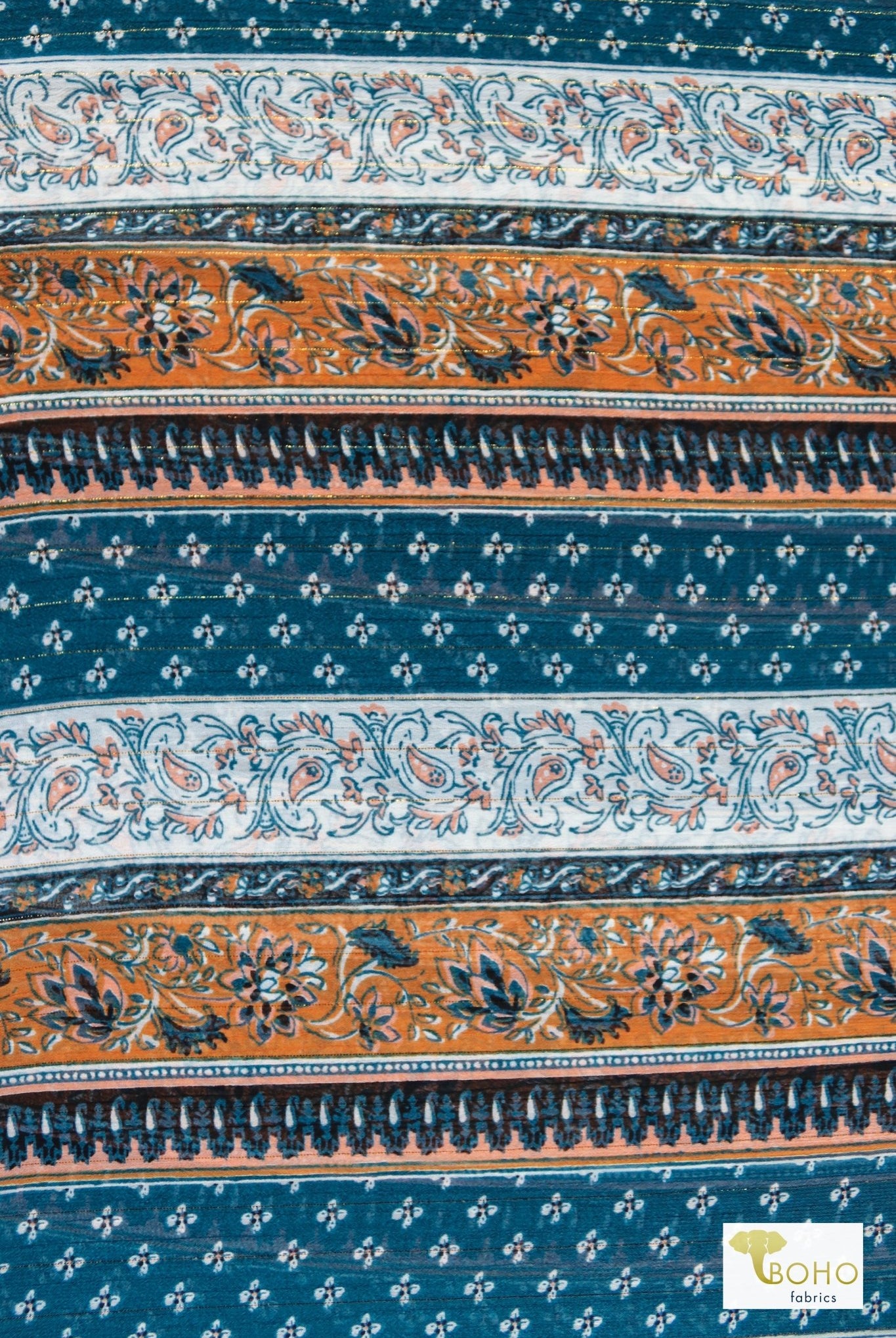 Metallic Teal Paisley, Silky Pebble Chiffon Woven Print Fabric - Boho Fabrics