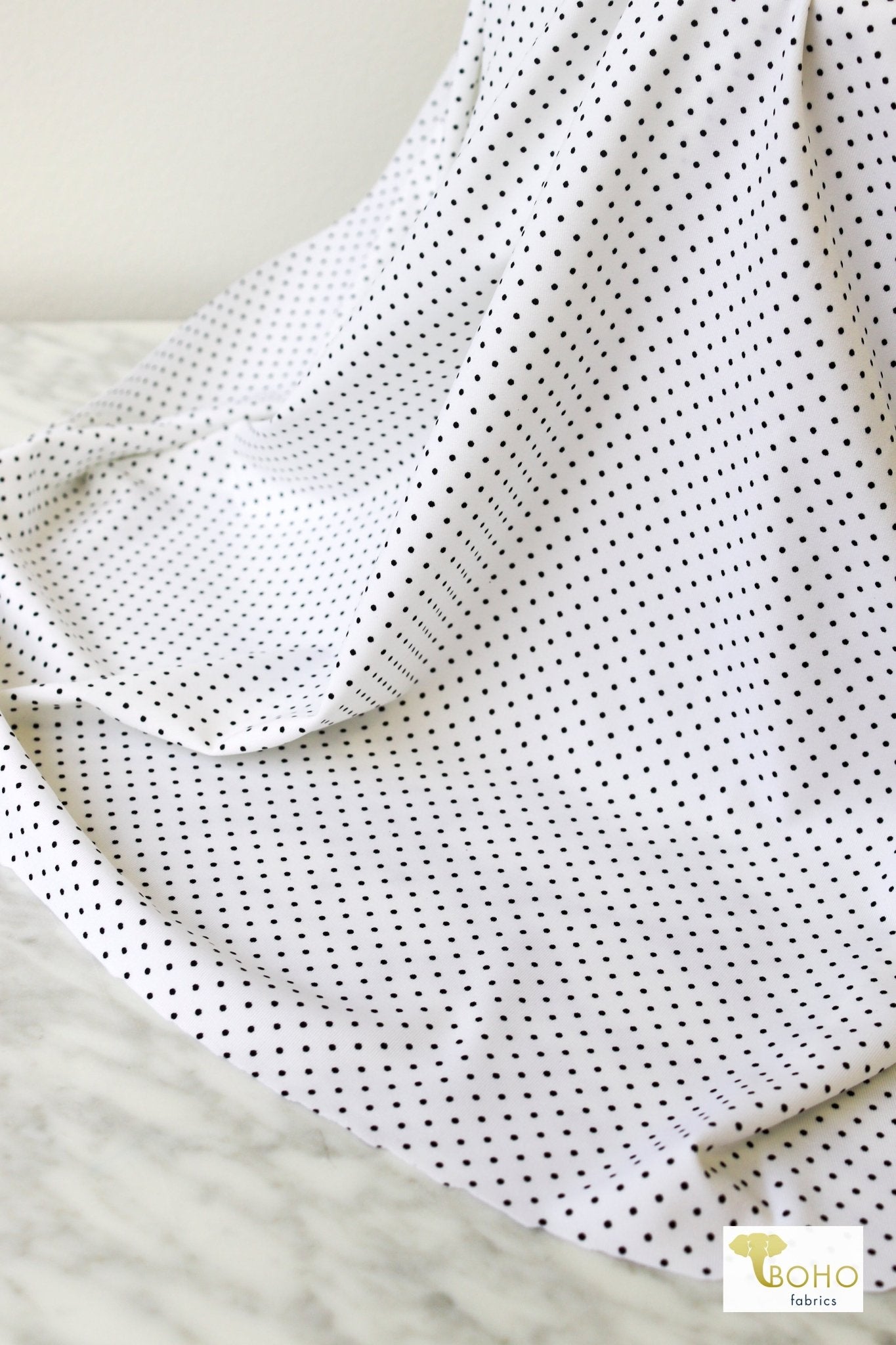 Mini Black Polka Dots on White, Athletic Knit Fabric - Boho Fabrics - Athletic Knit Fabric