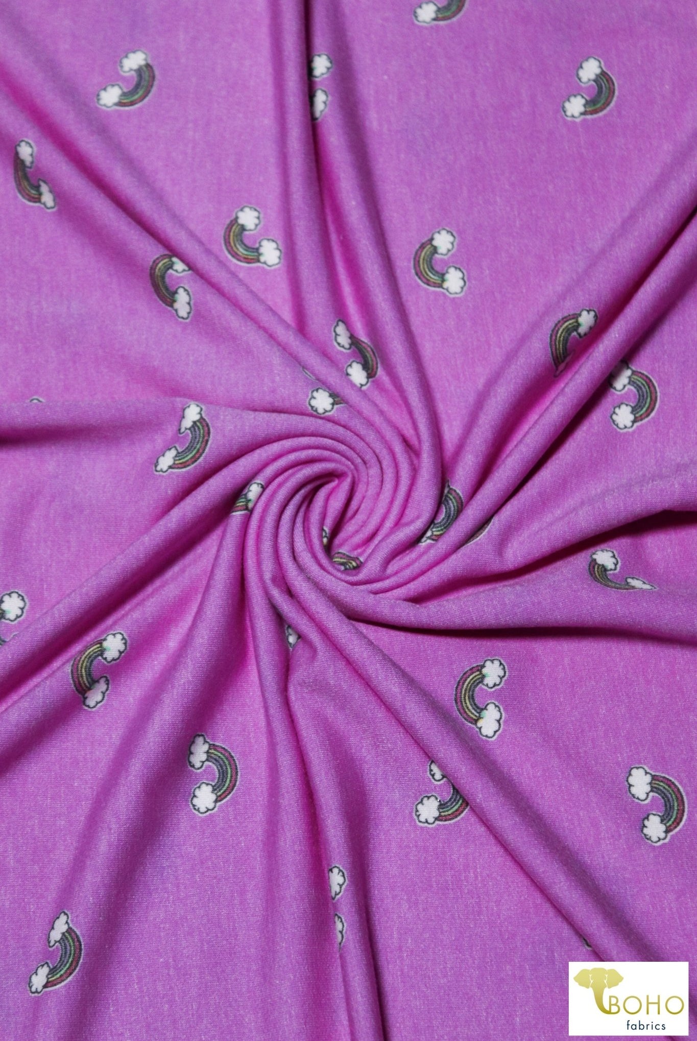 Mini Rainbows on Orchid Purple, French Terry Knit Print. FTP-320-PURP - Boho Fabrics