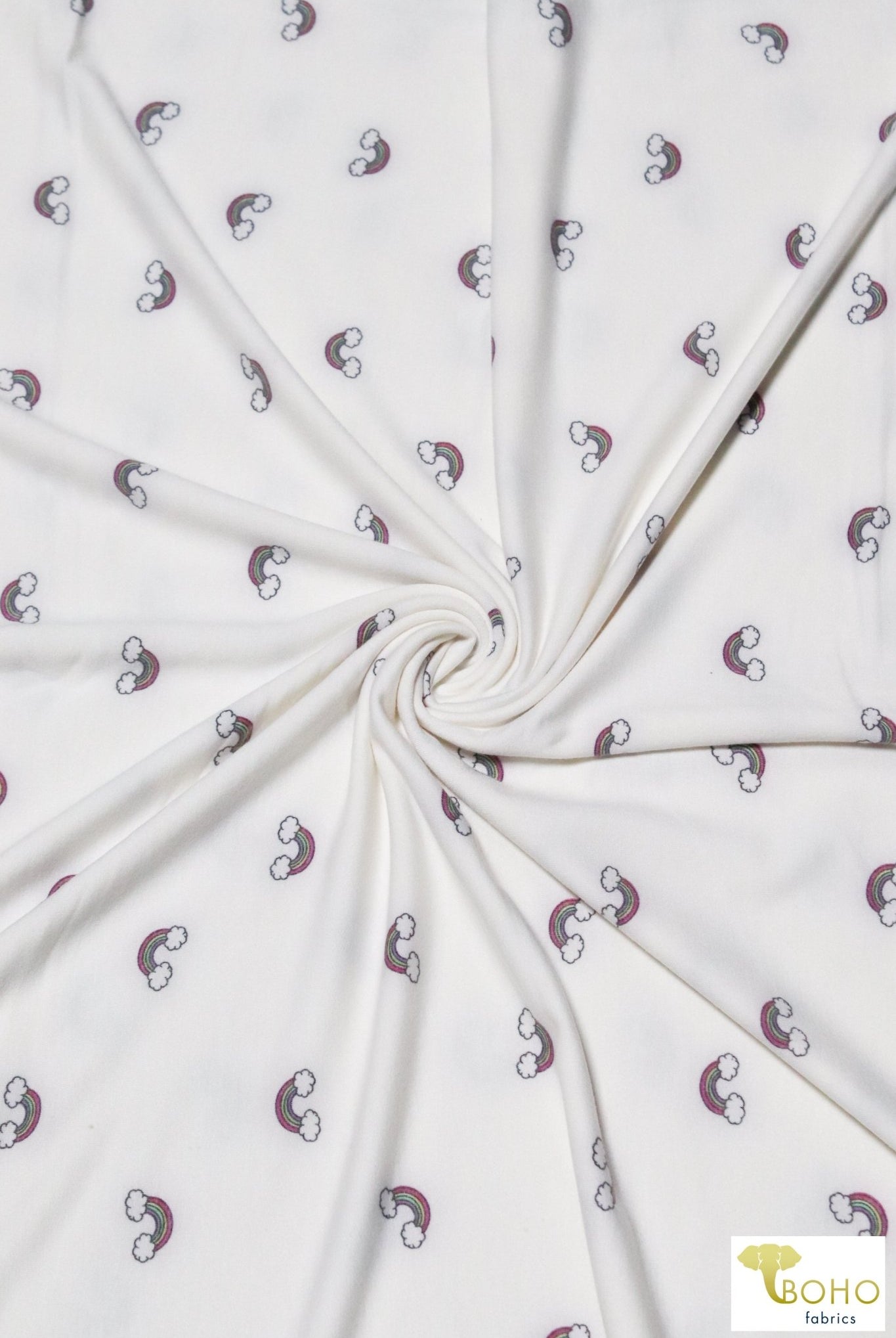 Mini Rainbows on White, French Terry Knit Print. FTP-320-WHT - Boho Fabrics
