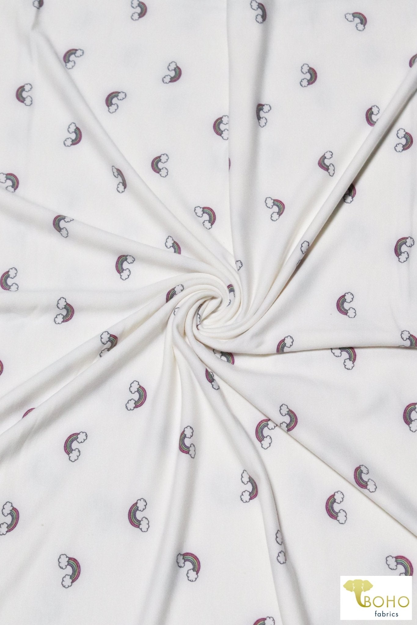 Mini Rainbows on White, French Terry Knit Print. FTP-320-WHT - Boho Fabrics