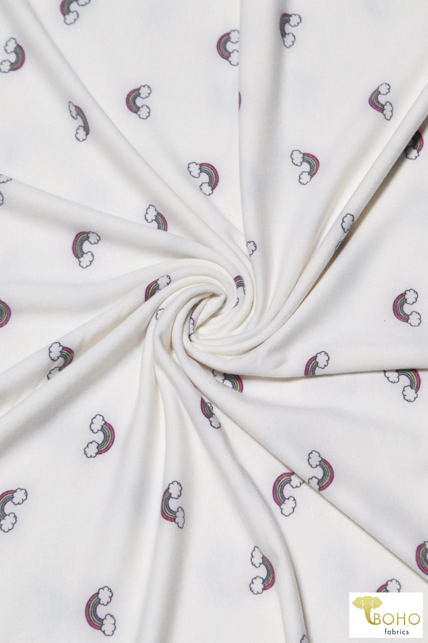 Mini Rainbows on White, French Terry Knit Print. FTP-320-WHT - Boho Fabrics