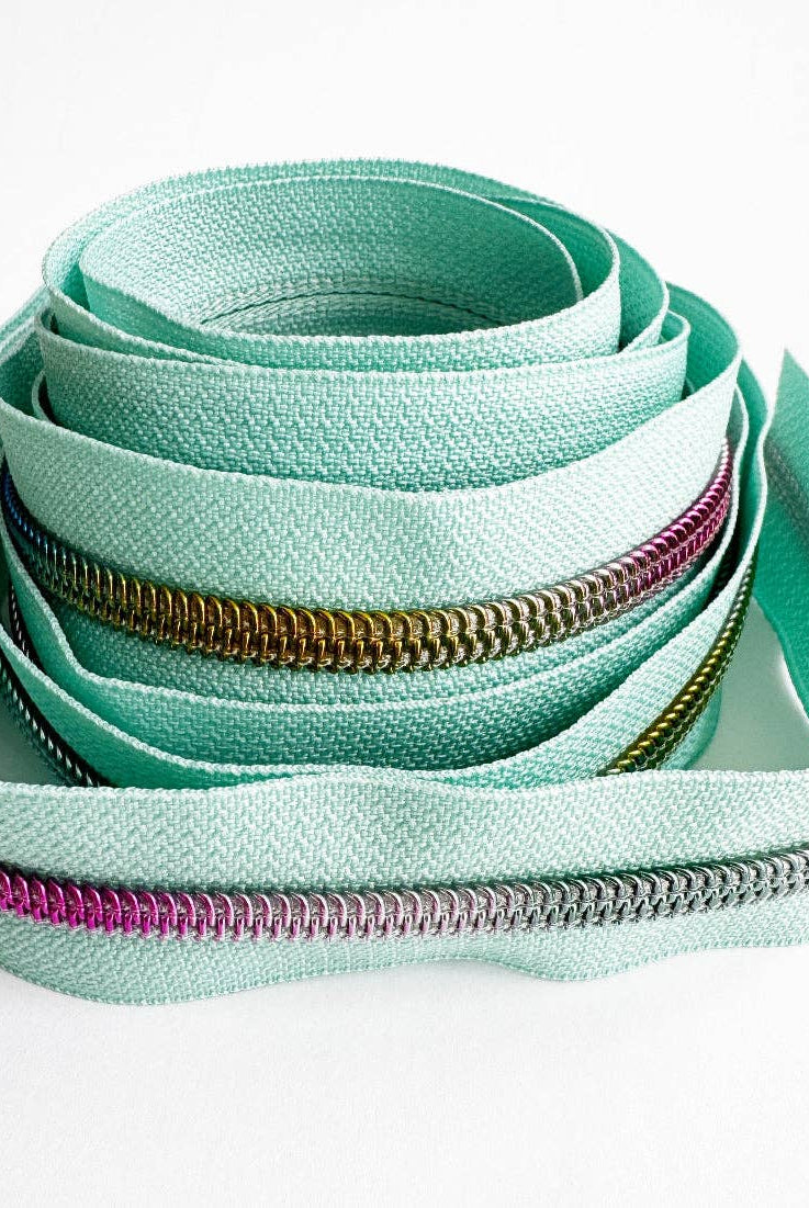 Mint Green Rainbow Nylon Coil Zipper Tape 5 - 3 Yards - Boho Fabrics - Zippers