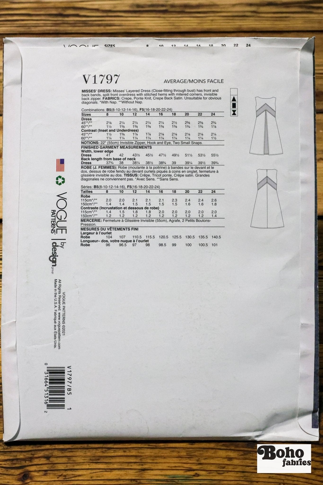 Misses Dress by Tom and Linda Platt. V1797 New Vogue Pattern - Boho Fabrics - Sewing Patterns