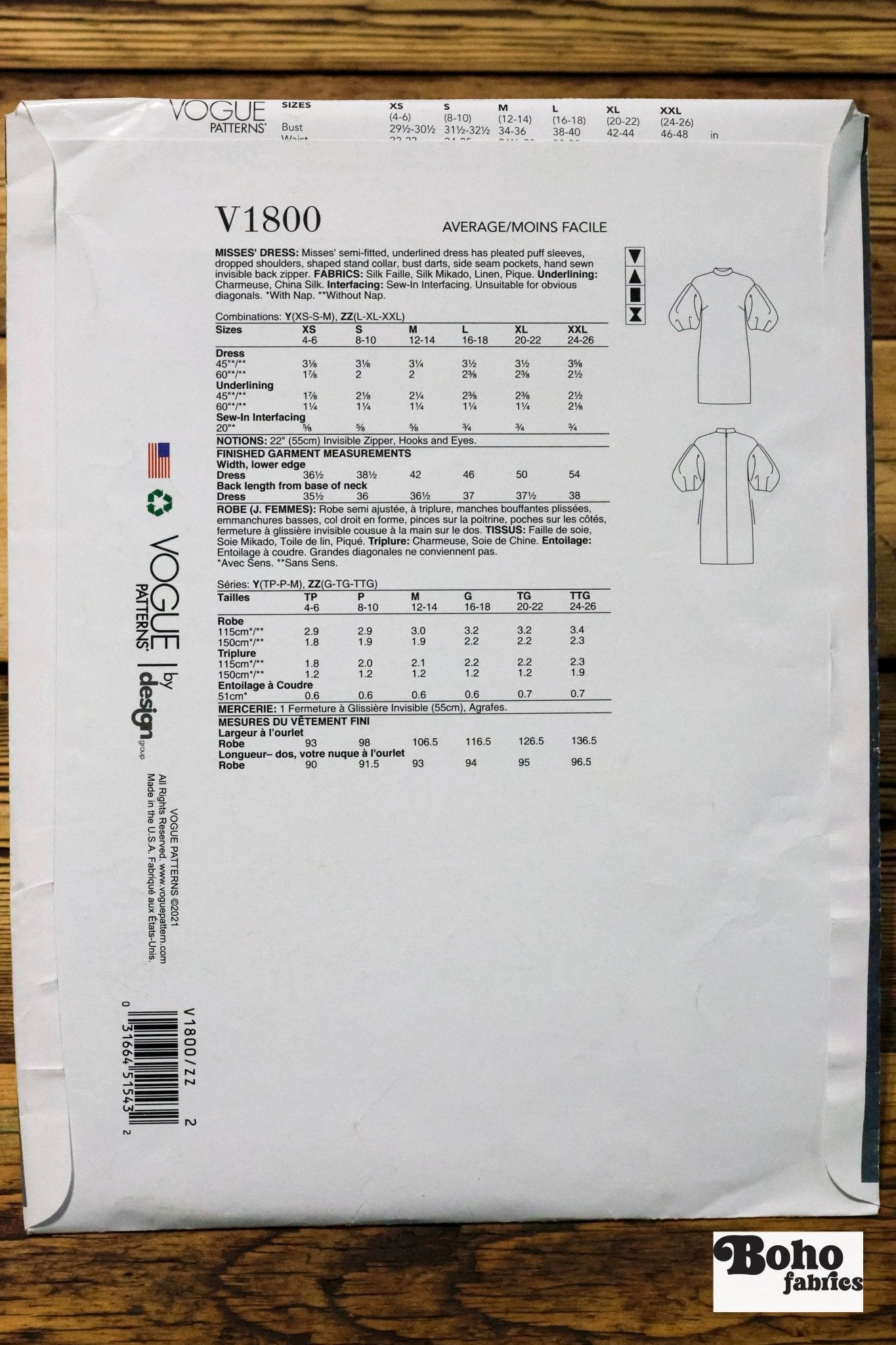 Misses Dress. V1800, New Vogue Pattern - Boho Fabrics - Sewing Patterns