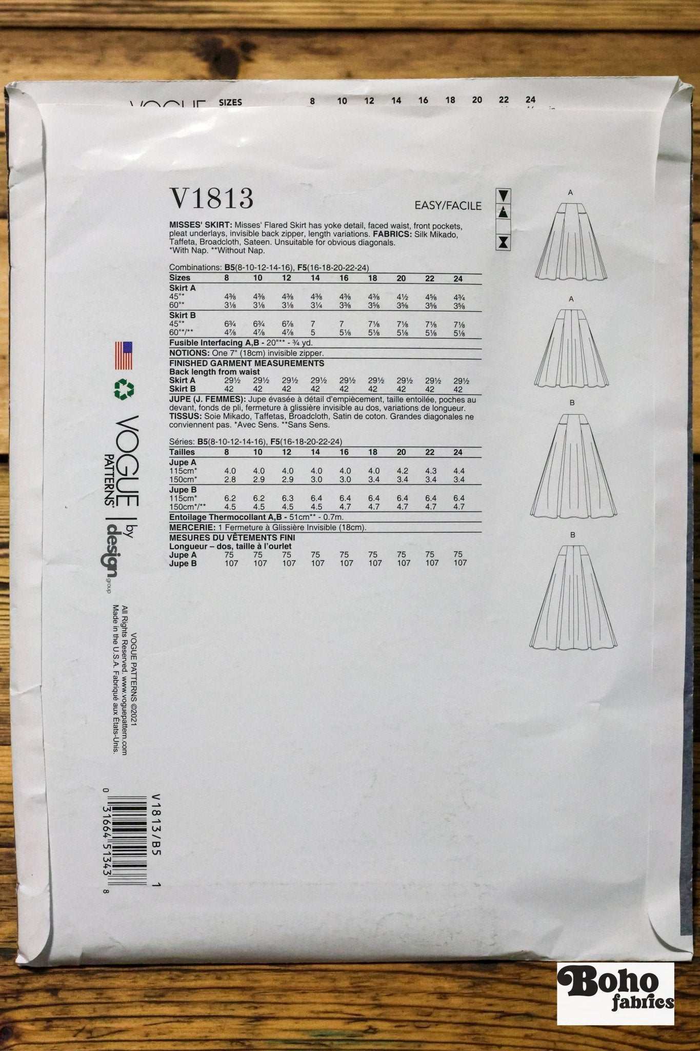 Misses Skirt. V1813, New Vogue Pattern - Boho Fabrics - Sewing Patterns