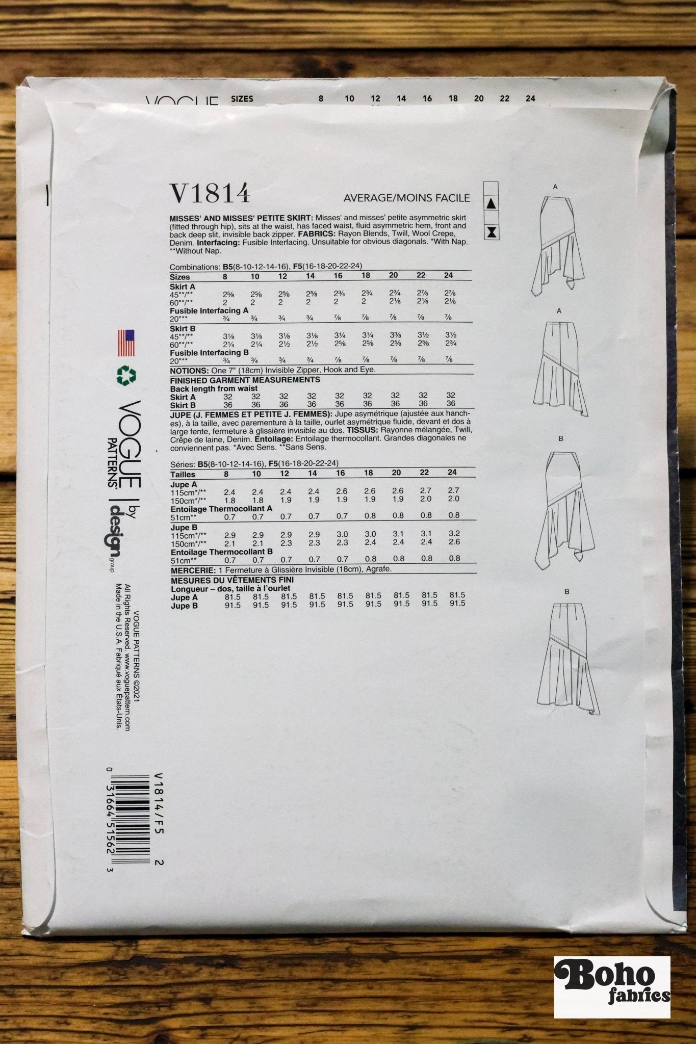 Misses Skirt. V1814, New Vogue Pattern - Boho Fabrics - Sewing Patterns