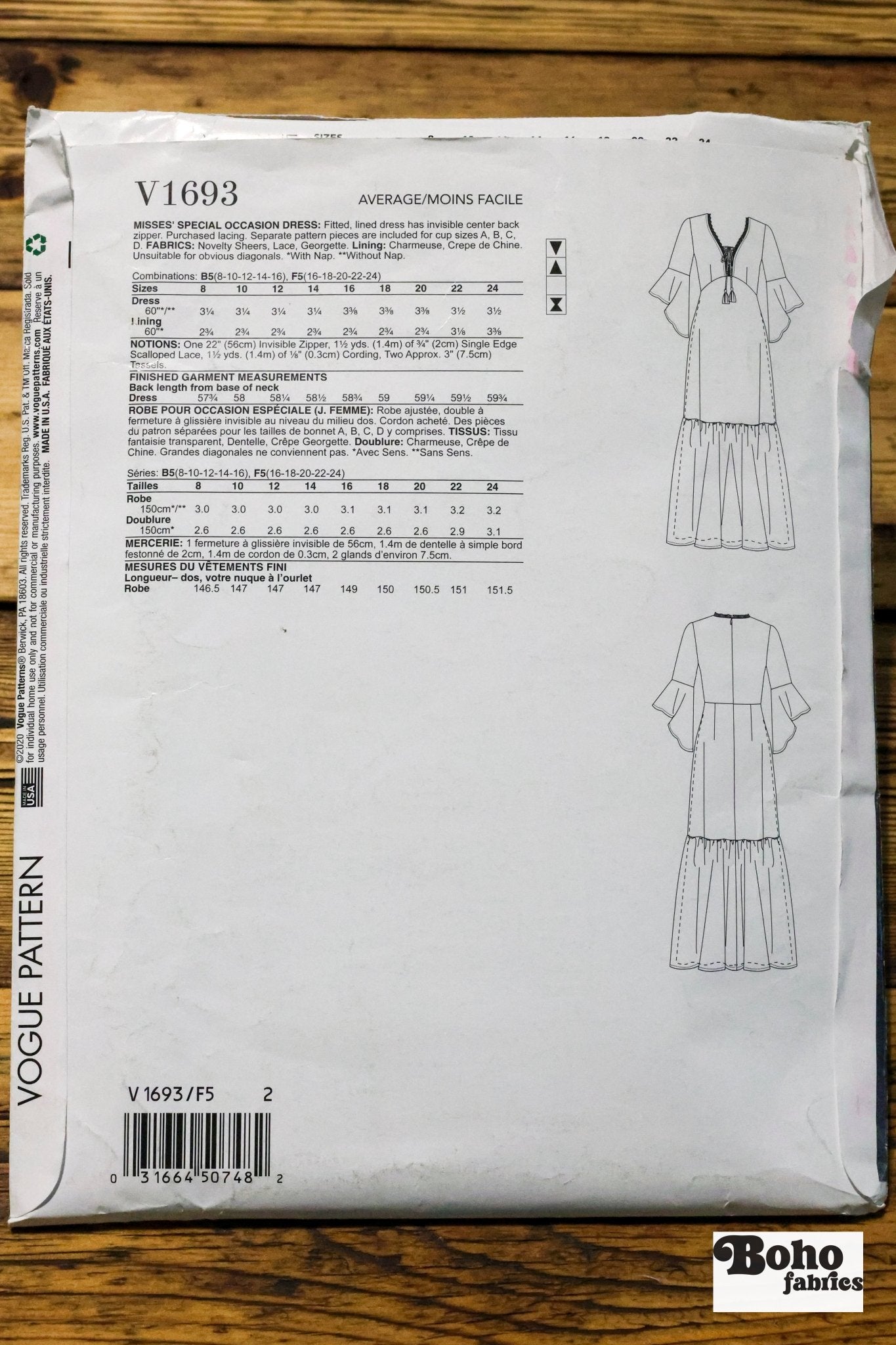 Misses Special Occasion Dress by Badgley Mischka V1693 New Vogue Pattern - Boho Fabrics - Sewing Patterns