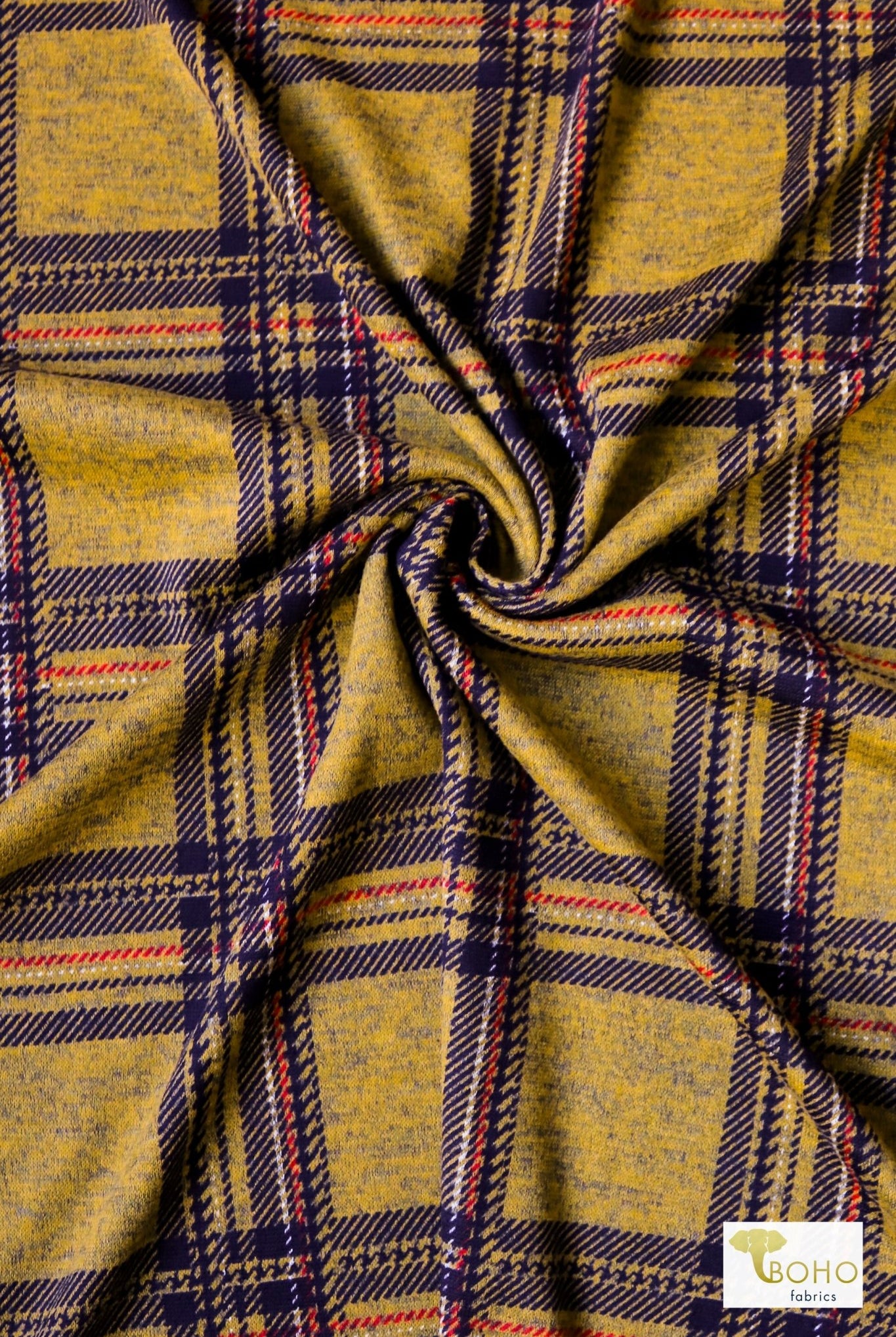 Mustard Plaid, Printed Sweater Knit Fabric - Boho Fabrics