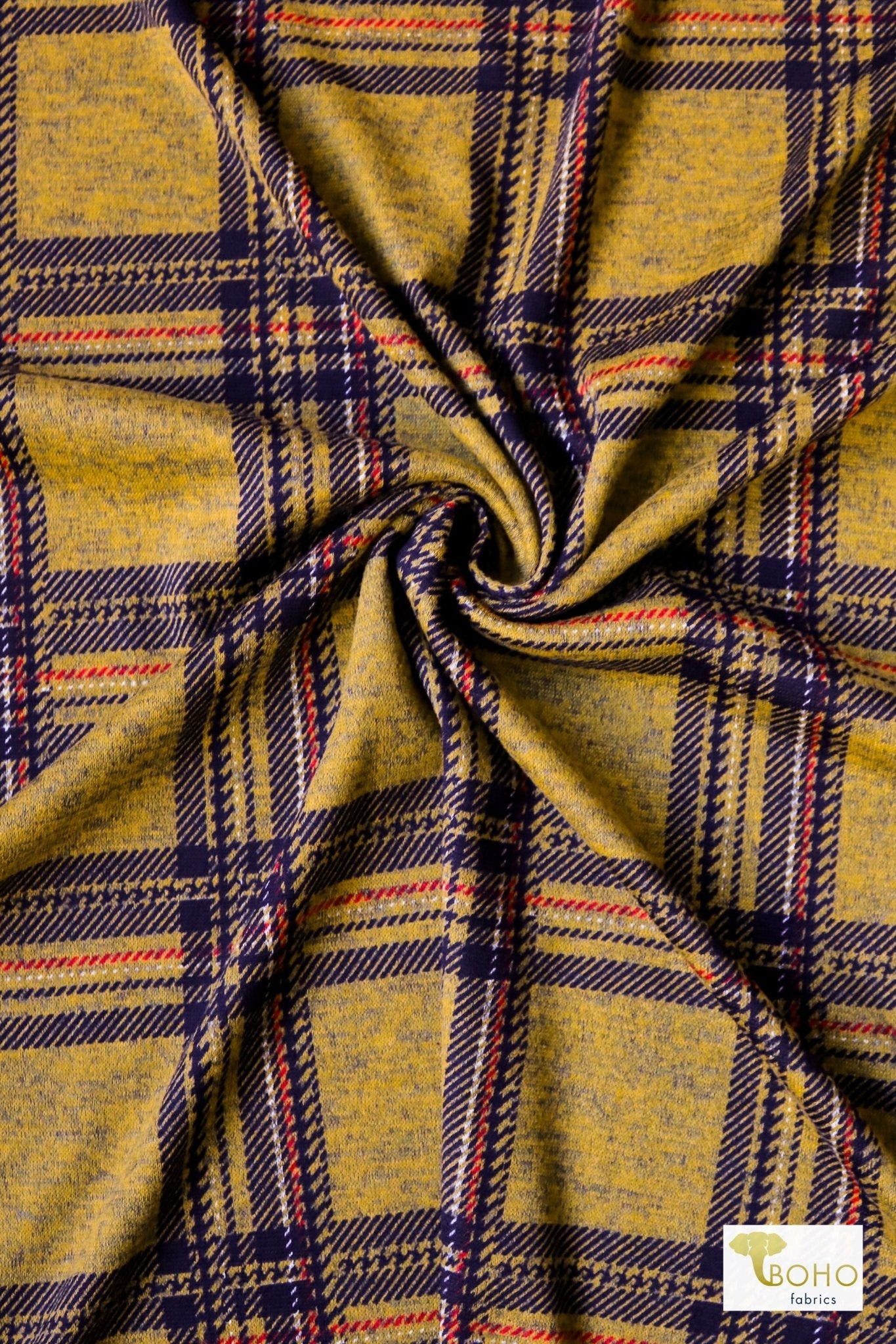 Mustard Plaid, Printed Sweater Knit Fabric - Boho Fabrics