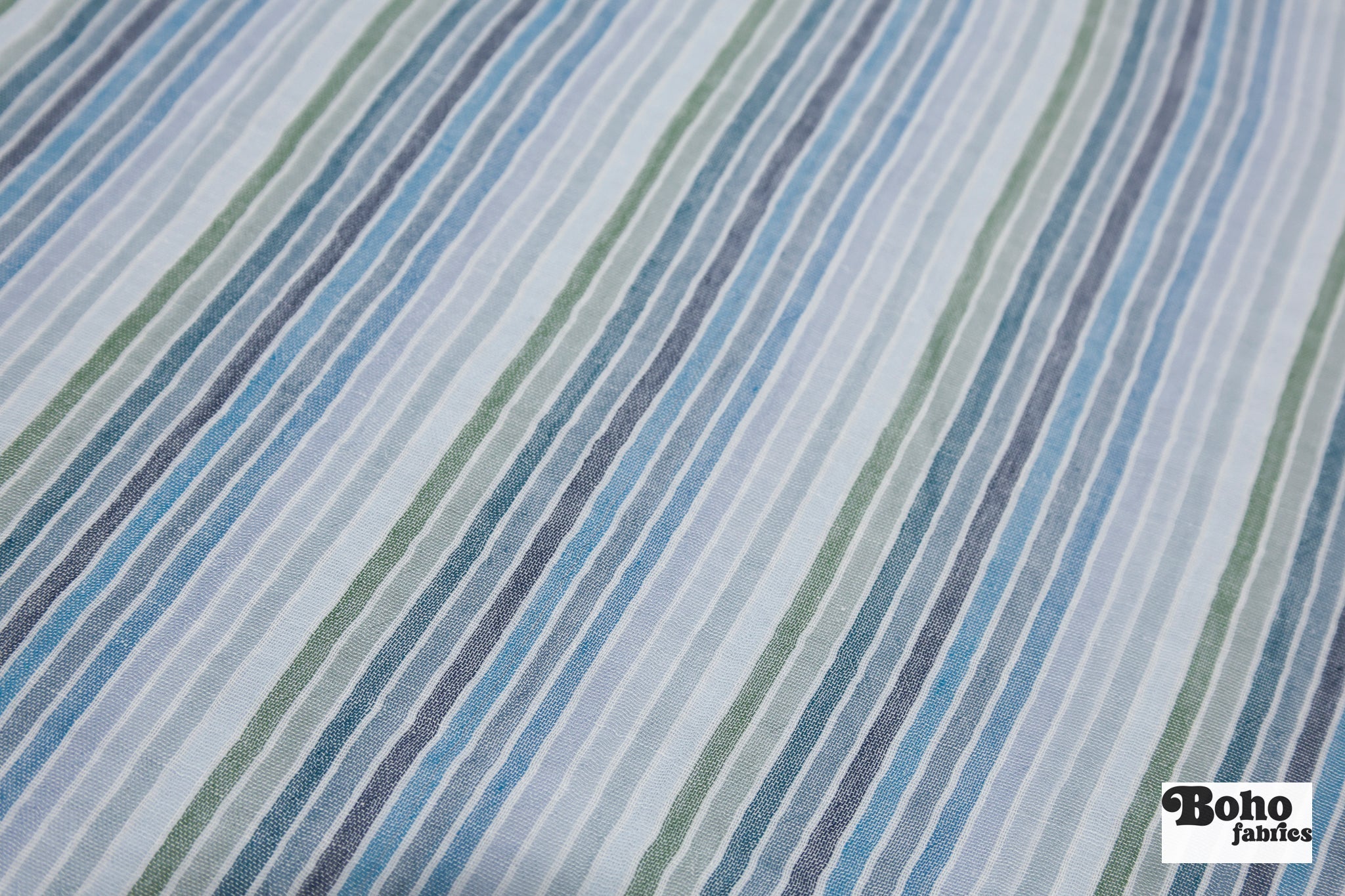 Muted Blues and Greens Striped Double Gauze Cotton Woven Fabric - Boho Fabrics - Gauze, Woven