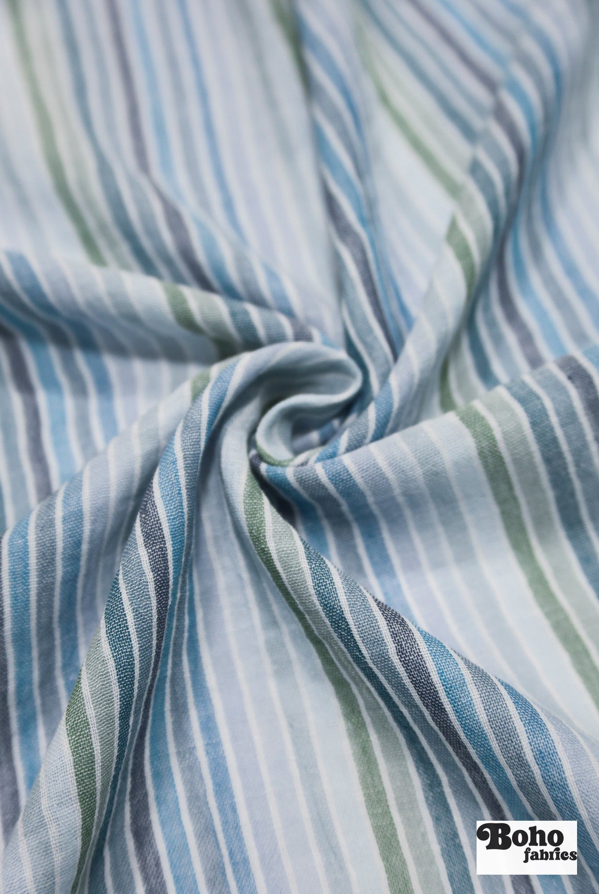 Muted Blues and Greens Striped Double Gauze Cotton Woven Fabric - Boho Fabrics - Gauze, Woven