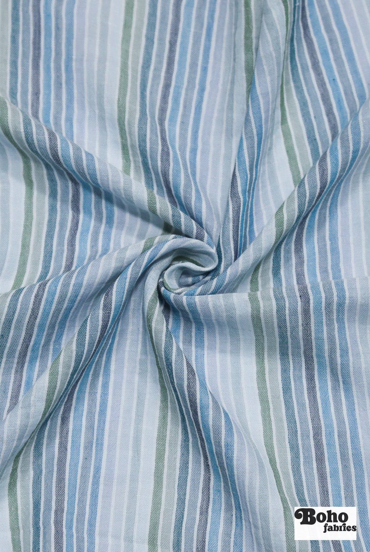 Muted Blues and Greens Striped Double Gauze Cotton Woven Fabric - Boho Fabrics - Gauze, Woven