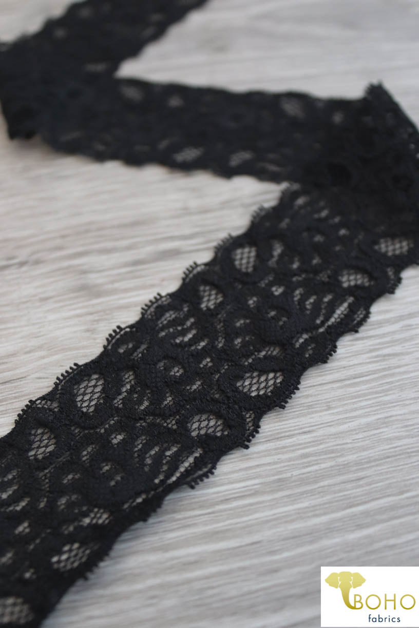 Mythical Flowers in Black, 1 5/8" Stretch Lace. SL-005. - Boho Fabrics