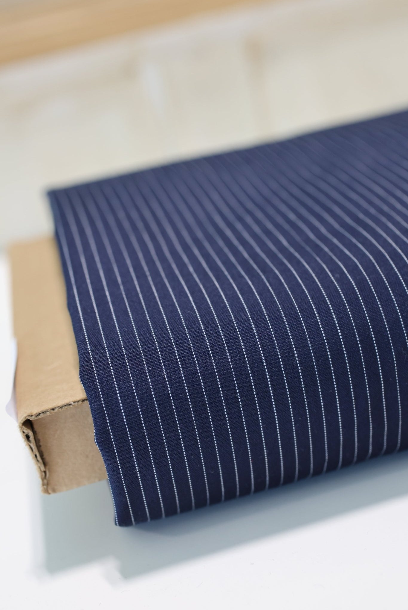 Narrow Navy Pinstripes - Boho Fabrics - Suiting, Woven Fabric