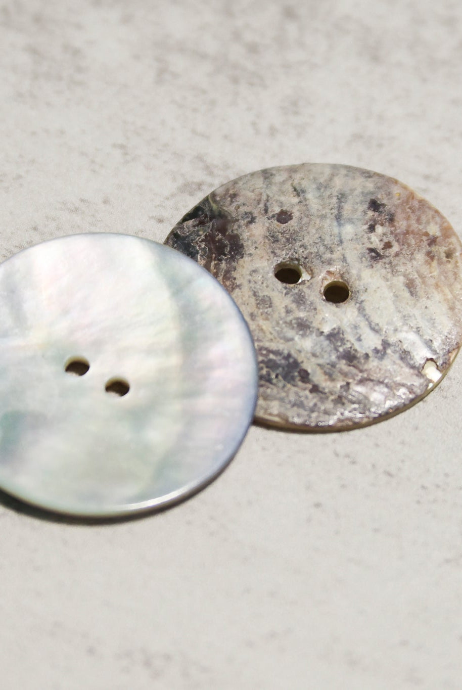 Natural Agoya Shell 2-Hole Buttons. 18L (11.5mm/ 7/16"), 20L, (12.5mm/ 1/2"), 24L (15mm / 5/8"), 48L (30mm, 1 3/16") - Boho Fabrics - Buttons & Snaps