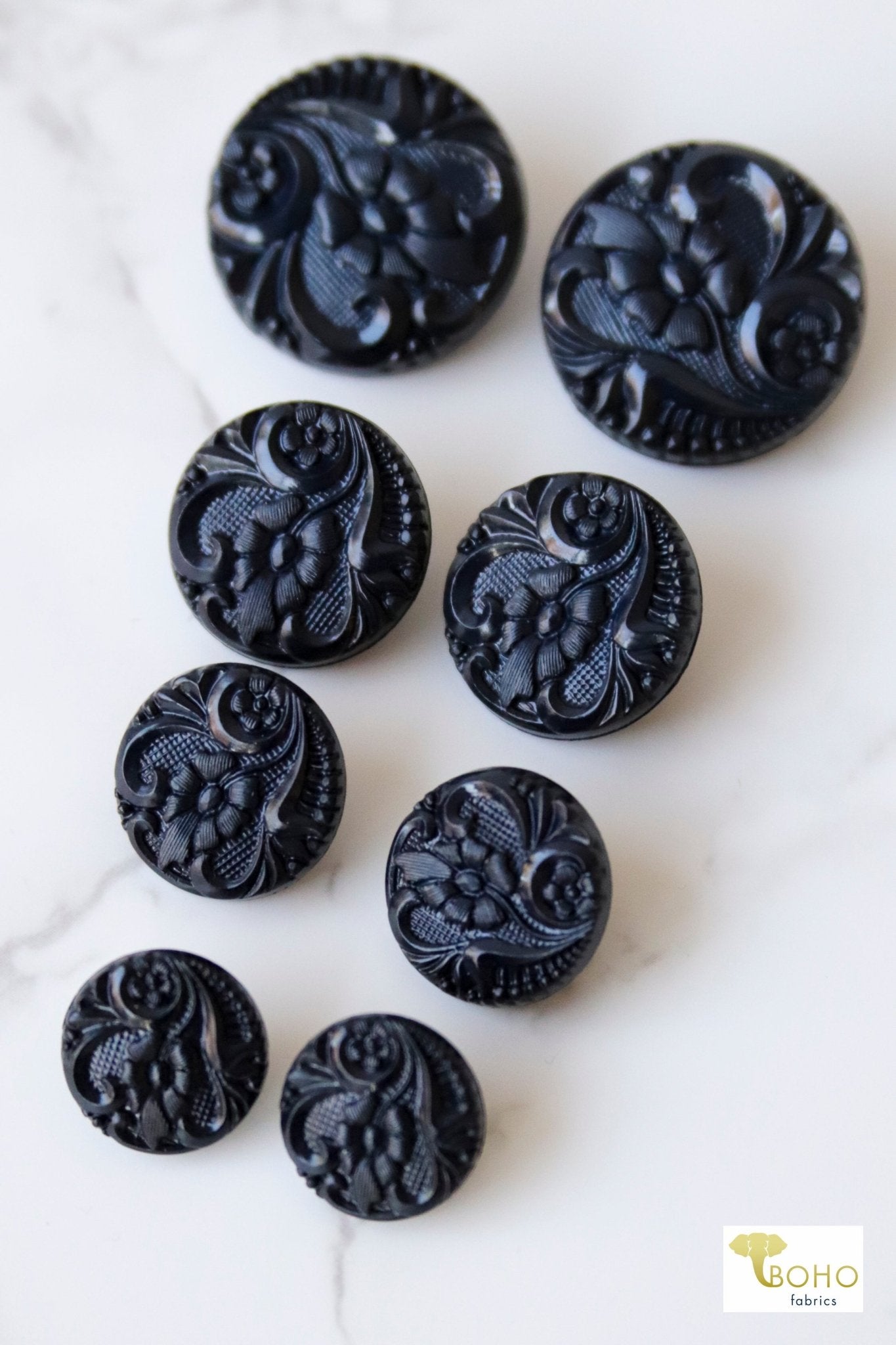 Navy Art Nouveau Florals, Shank Buttons. Available in 15mm, 18mm, 20mm, 25.5mm - Boho Fabrics