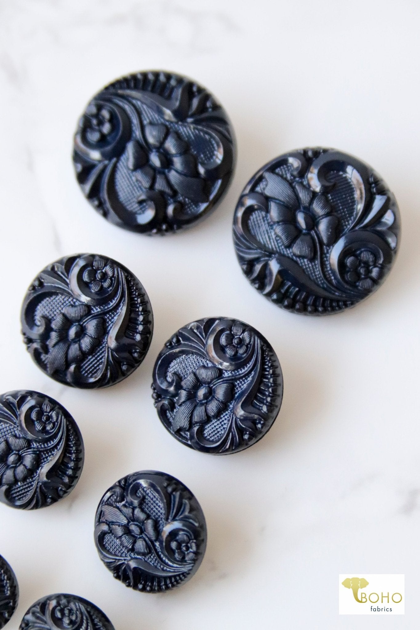 Navy Art Nouveau Florals, Shank Buttons. Available in 15mm, 18mm, 20mm, 25.5mm - Boho Fabrics