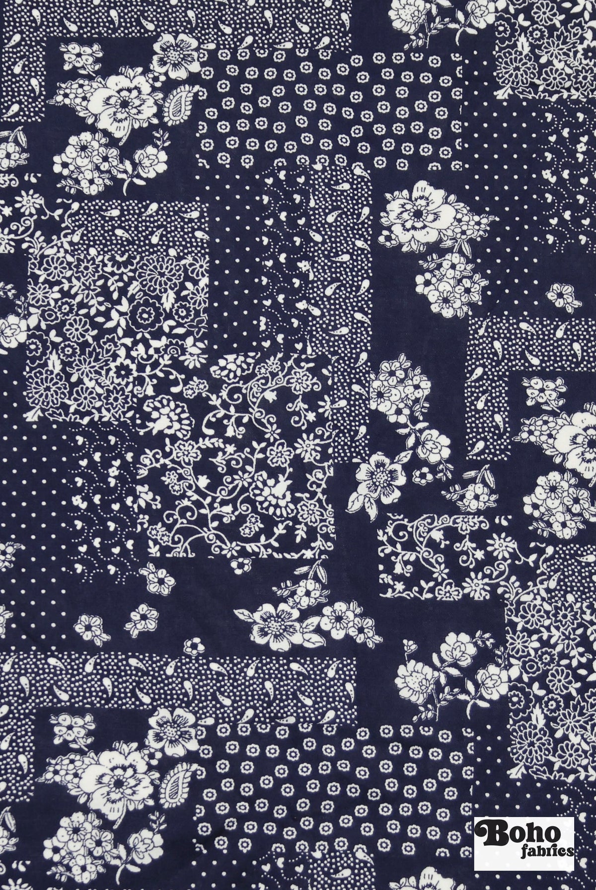 Navy Blue and White Floral Bandana Patchwork Rayon Challis Woven Fabric - Boho Fabrics - Challis, Woven