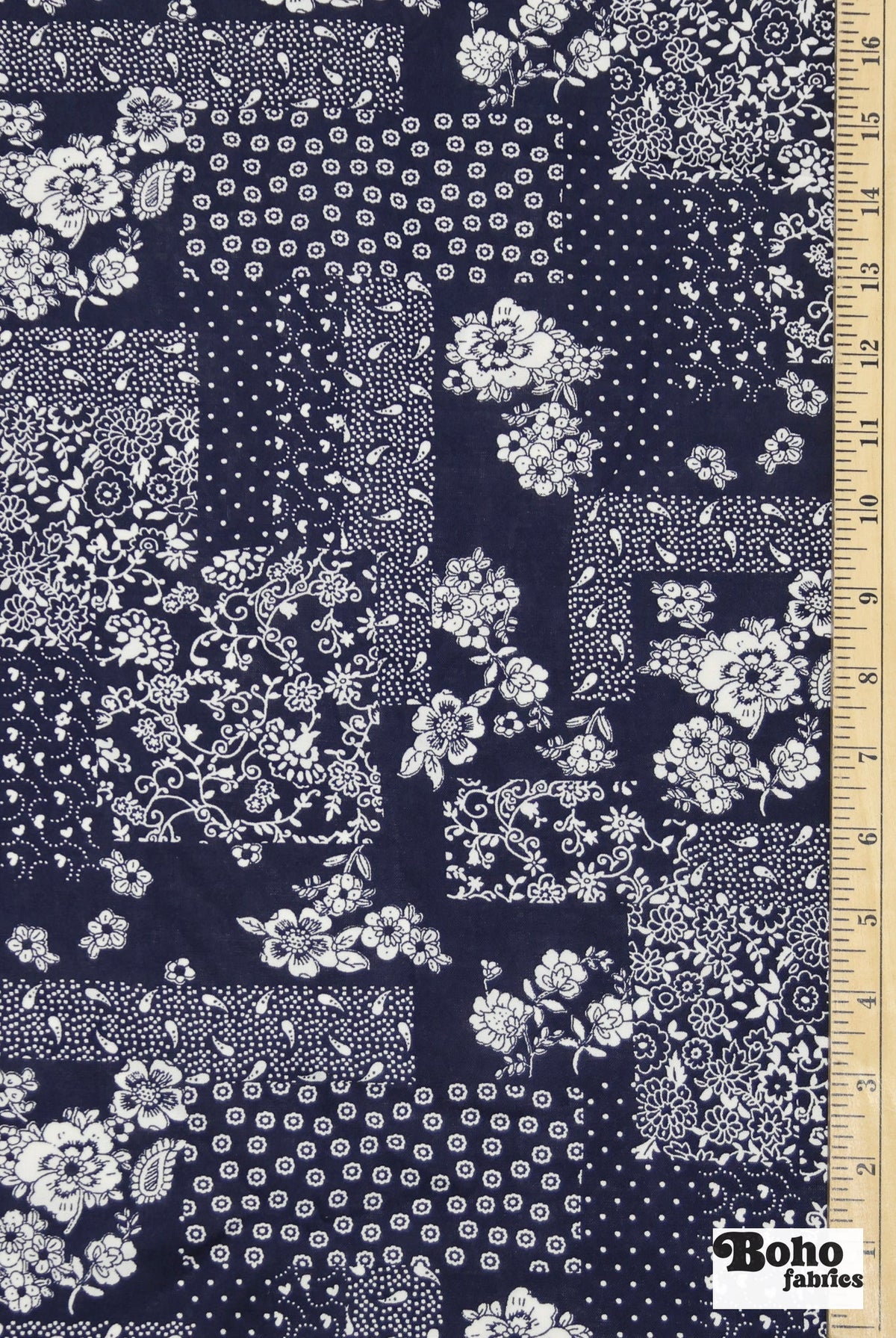 Navy Blue and White Floral Bandana Patchwork Rayon Challis Woven Fabric - Boho Fabrics - Challis, Woven