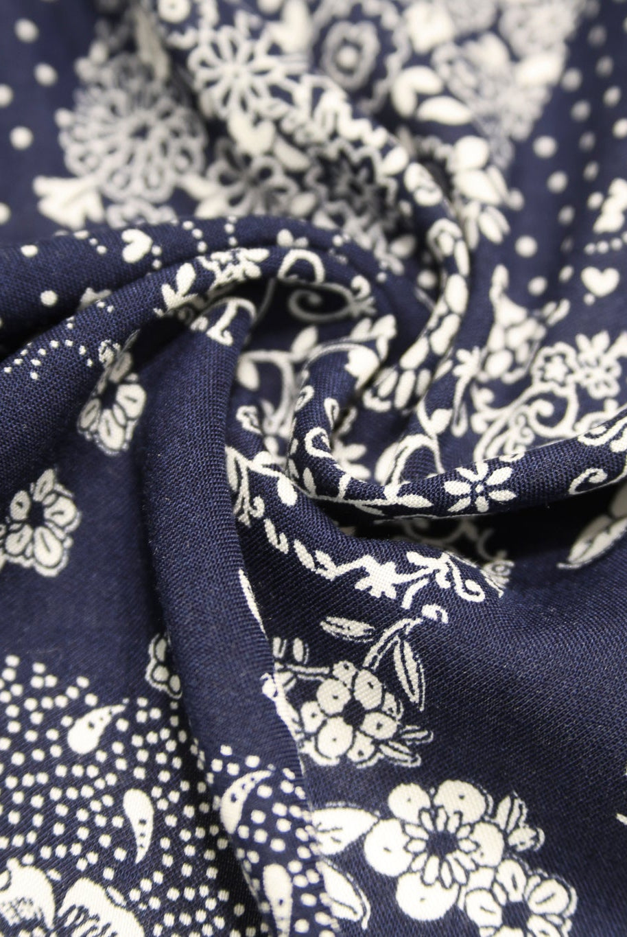 Navy Blue and White Floral Bandana Patchwork Rayon Challis Woven Fabric - Boho Fabrics - Challis, Woven