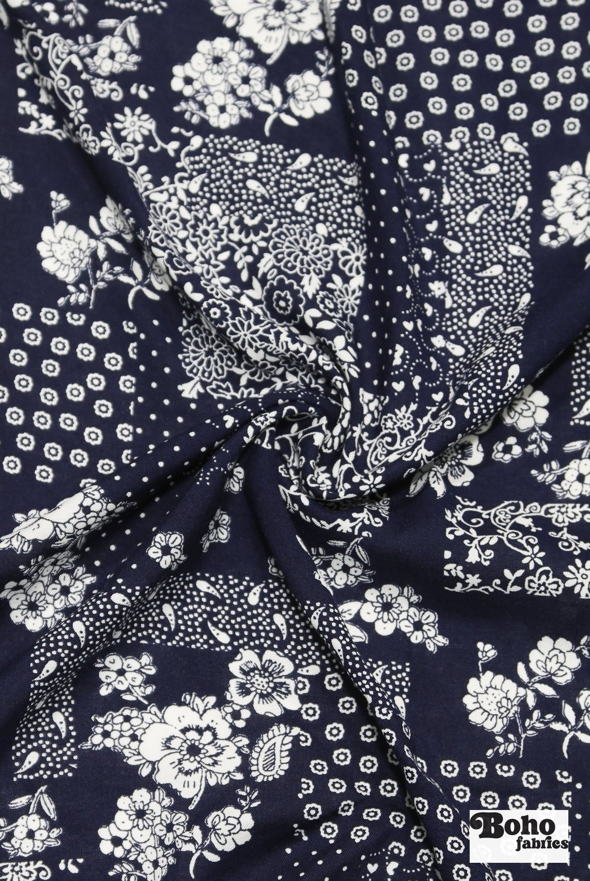Navy Blue and White Floral Bandana Patchwork Rayon Challis Woven Fabric - Boho Fabrics - Challis, Woven
