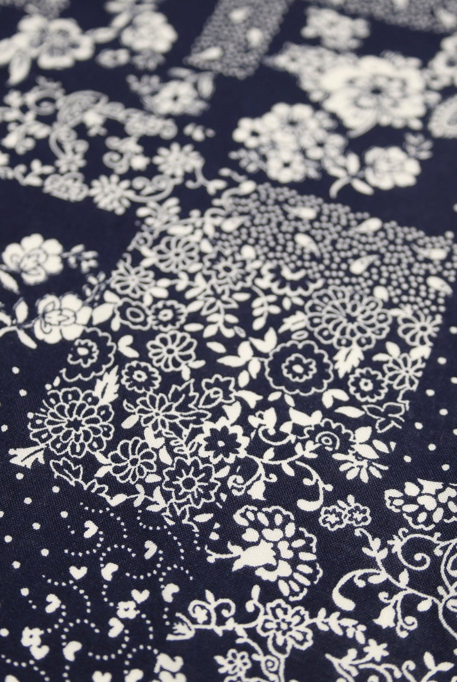 Navy Blue and White Floral Bandana Patchwork Rayon Challis Woven Fabric - Boho Fabrics - Challis, Woven