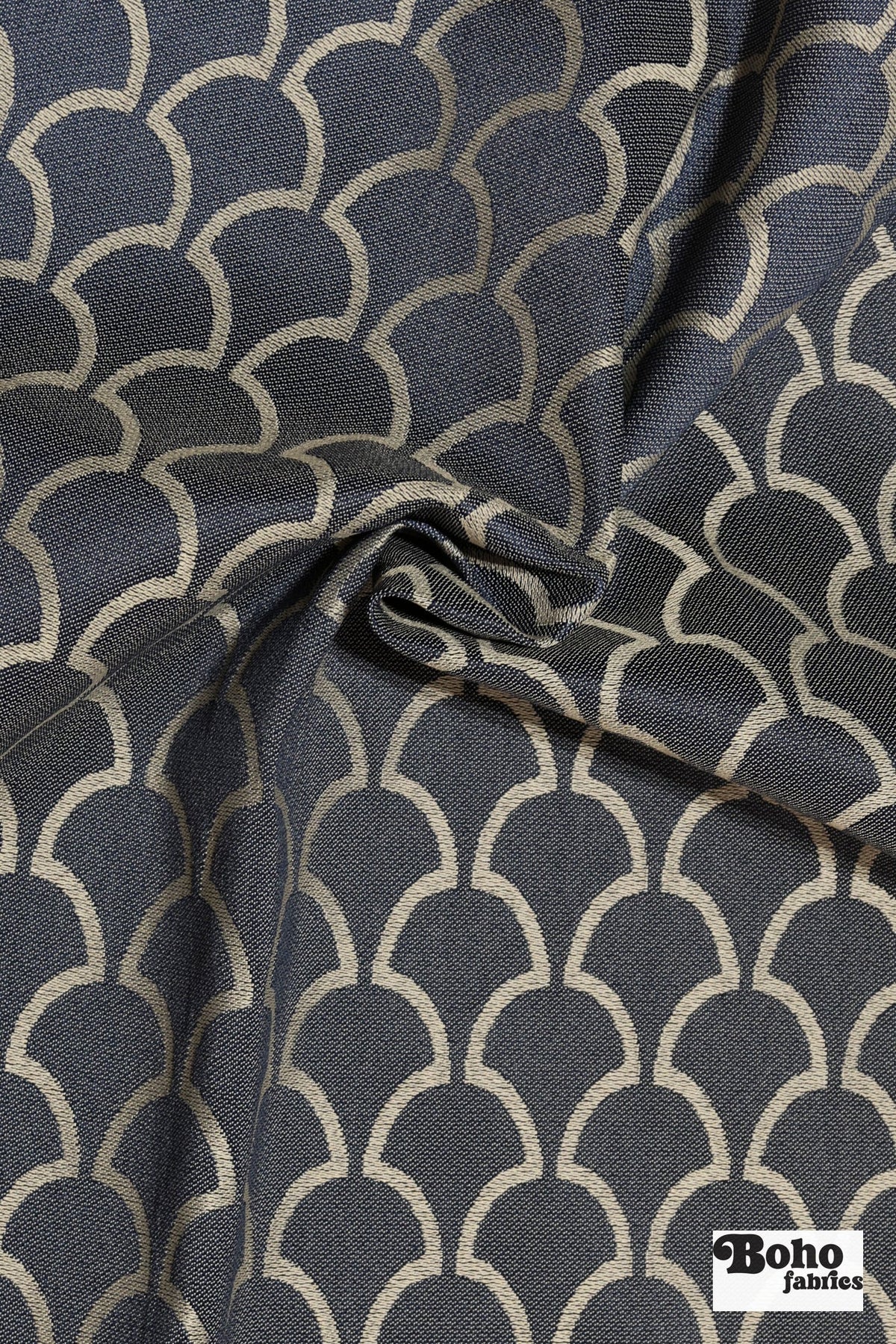 Navy Blue & Cream Scalloped Fan Upholstery Woven Fabric - Boho Fabrics - Home Dec. & Upholstery Fabric