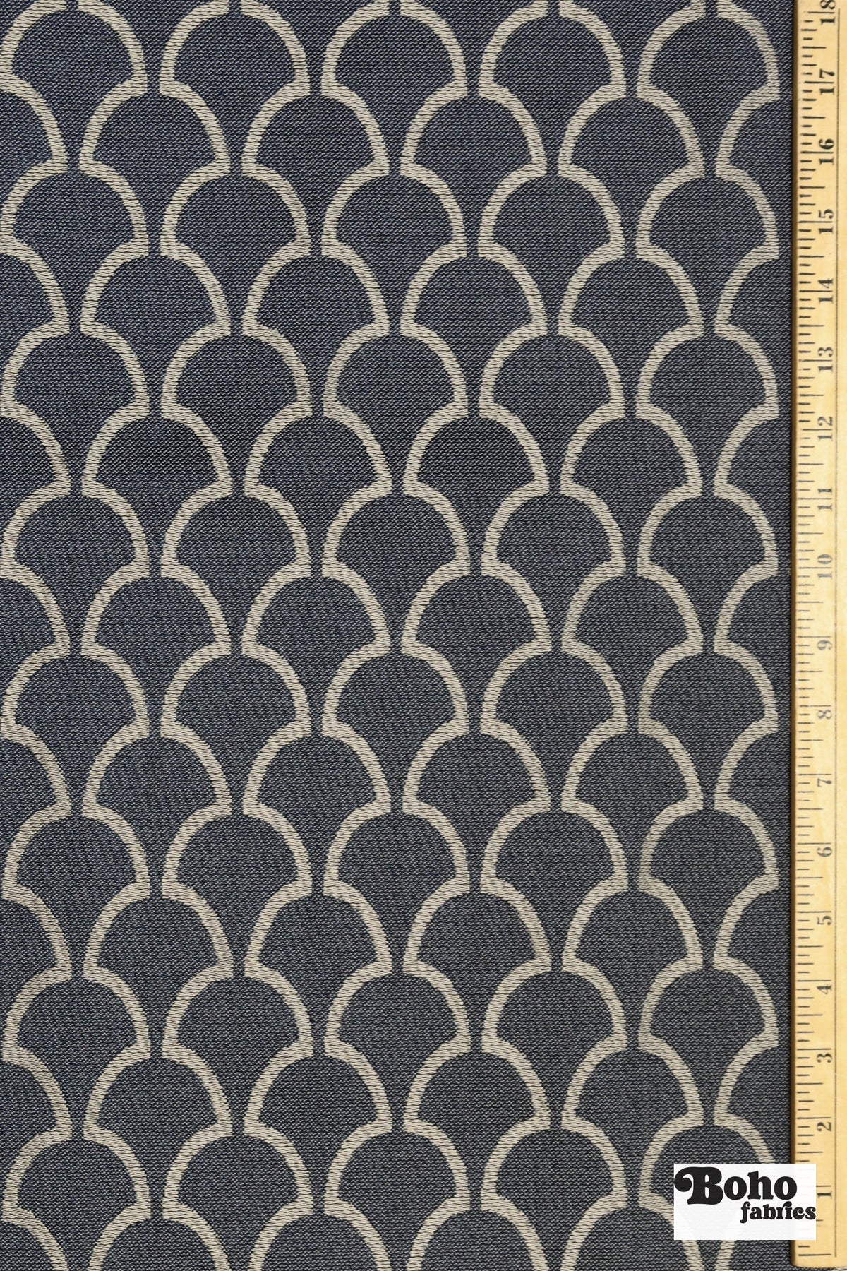 Navy Blue & Cream Scalloped Fan Upholstery Woven Fabric - Boho Fabrics - Home Dec. & Upholstery Fabric