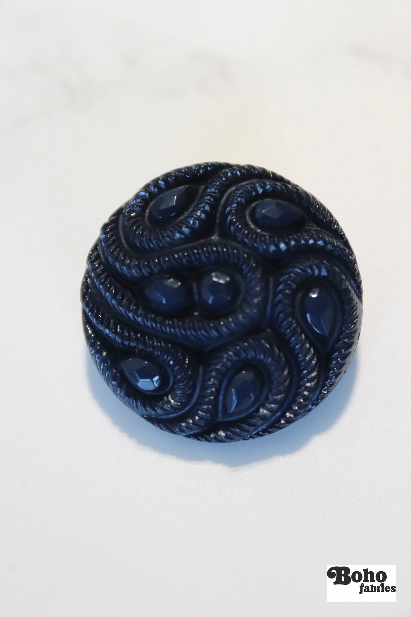Navy Blue Paisley Faceted, Plastic Shank Buttons. Available in 15mm (24L) and 28mm (44L) - Boho Fabrics - Buttons & Snaps