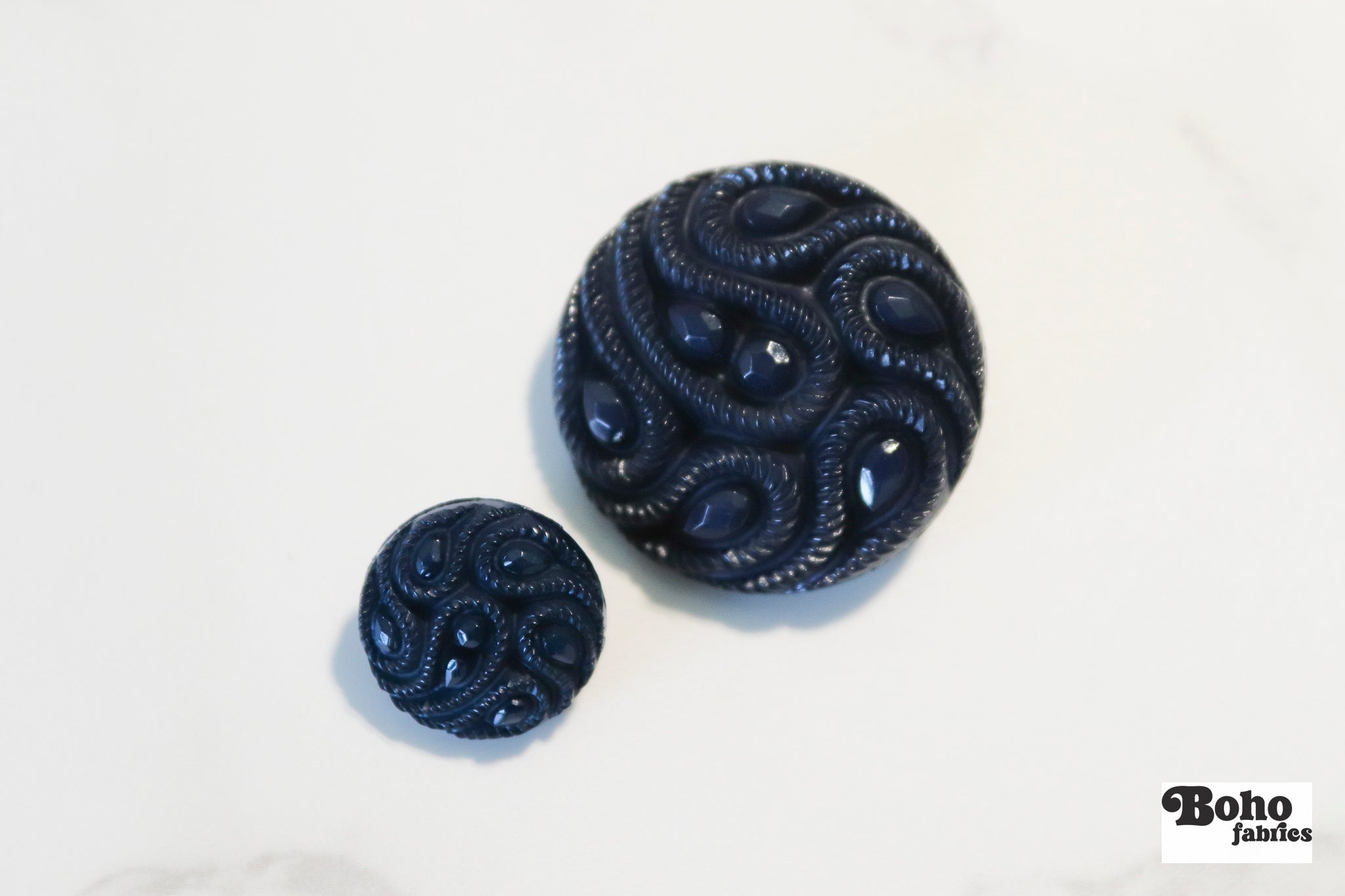 Navy Blue Paisley Faceted, Plastic Shank Buttons. Available in 15mm (24L) and 28mm (44L) - Boho Fabrics - Buttons & Snaps
