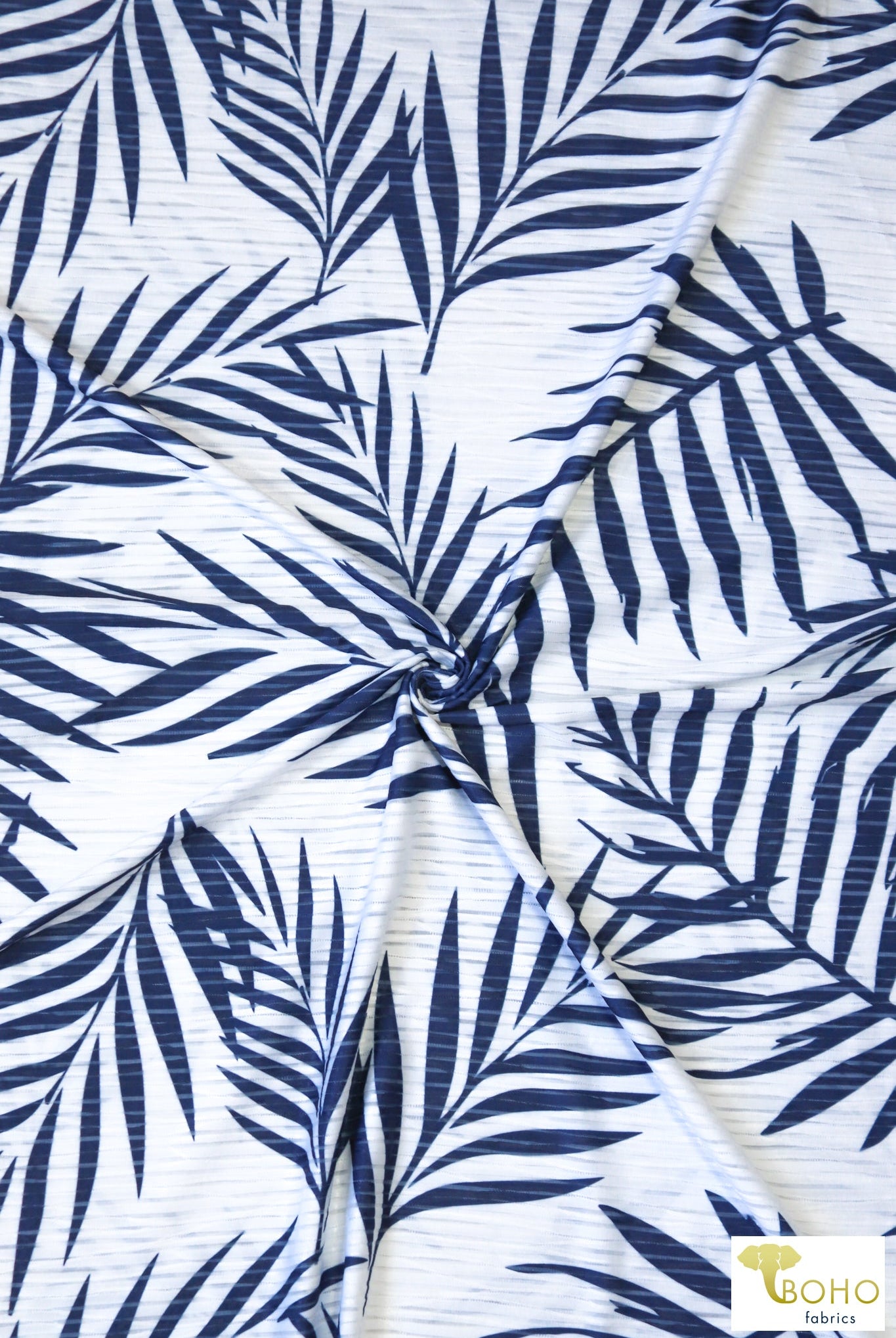 Navy Palms, Burnout Jersey Knit. JER-P-108-BLU - Boho Fabrics