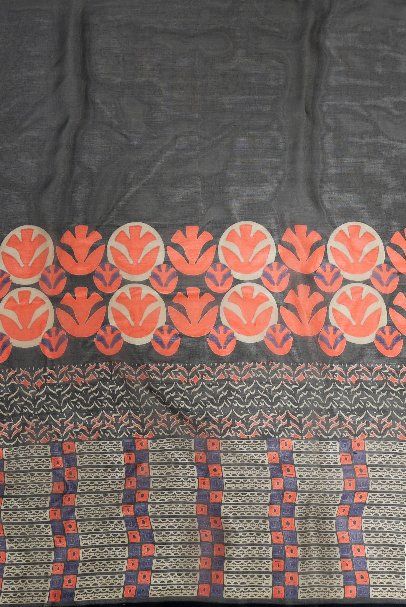 Navy & Red Geometric & Floral Border Motif Silk Chiffon Fabric, Pre-Cuts - Boho Fabrics - Woven Fabric