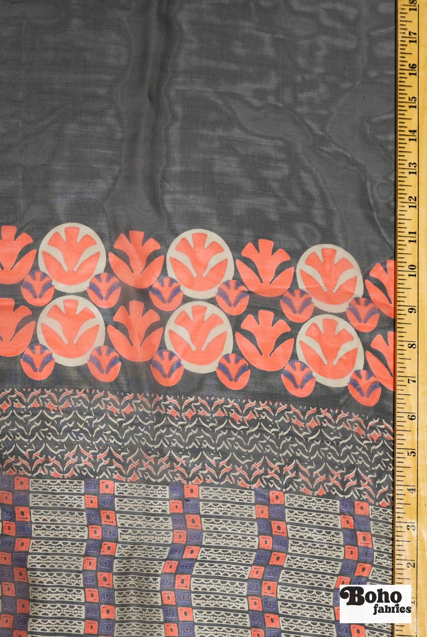 Navy & Red Geometric & Floral Border Motif Silk Chiffon Fabric, Pre-Cuts - Boho Fabrics - Woven Fabric